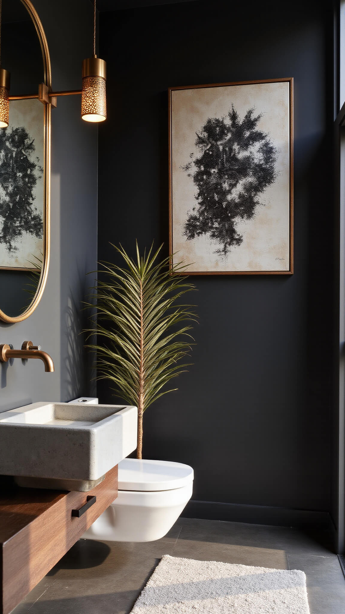Contemporary 4x6 ft powder room with black accent wall, abstract art, floating concrete sink, champagne bronze faucet, geometric pendant light, and preserved palm frond.
