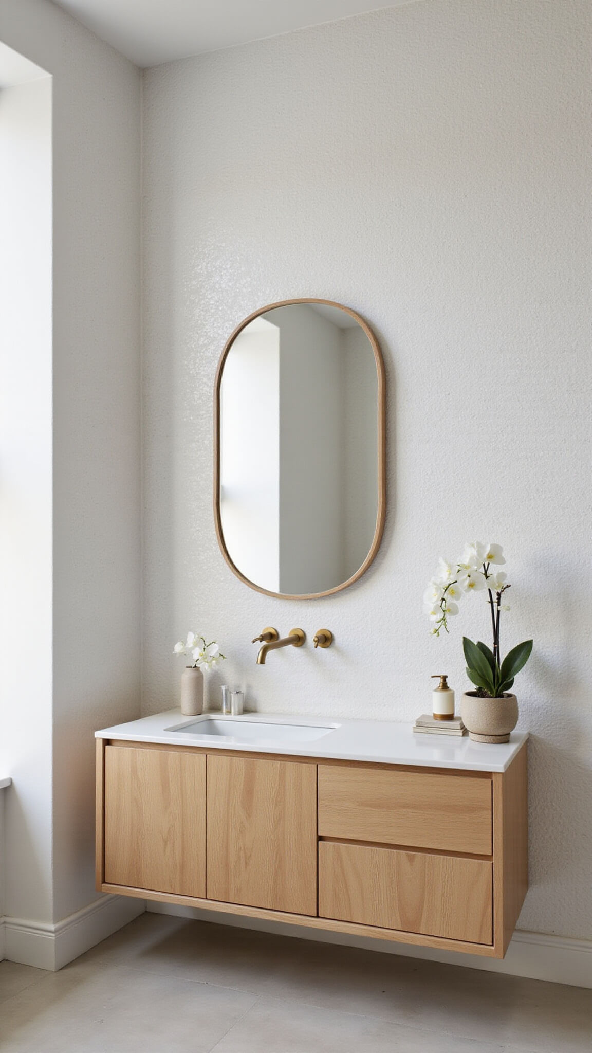 Bird's eye view of a Scandinavian-style 6x8ft bathroom with limestone floors, white penny tile walls, a maple vanity, brass fixtures, and a white orchid in soft sunrise lighting.