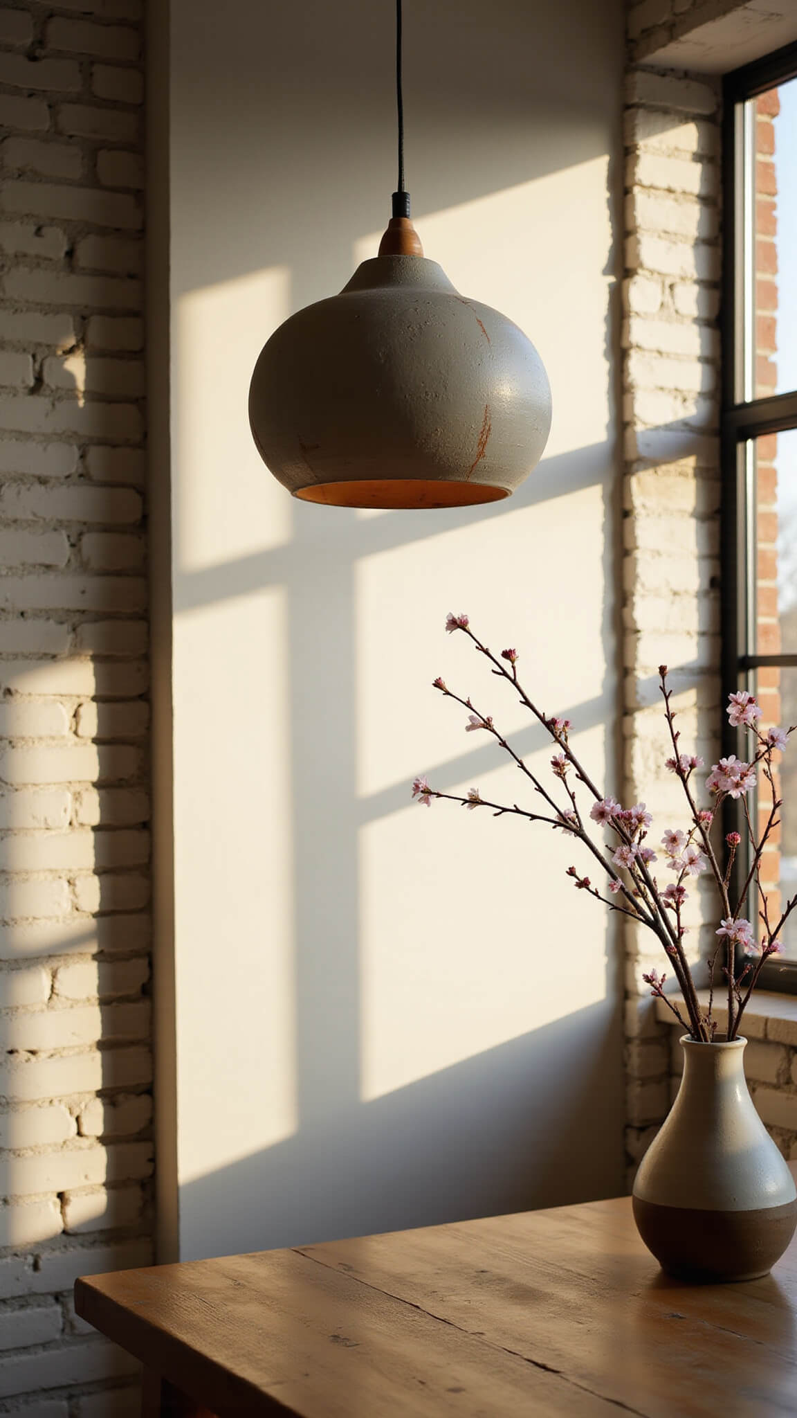 Wabi-sabi ceramic pendant light casting dappled light over minimalist dining table in sunlit loft with white brick walls and industrial windows.