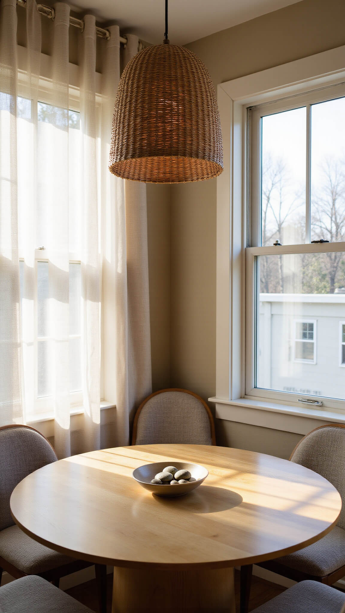 Cozy breakfast nook with woven bamboo pendant over round maple table, morning light filtering through sheer curtains, casting shadows on ceramic bowl with river stones.