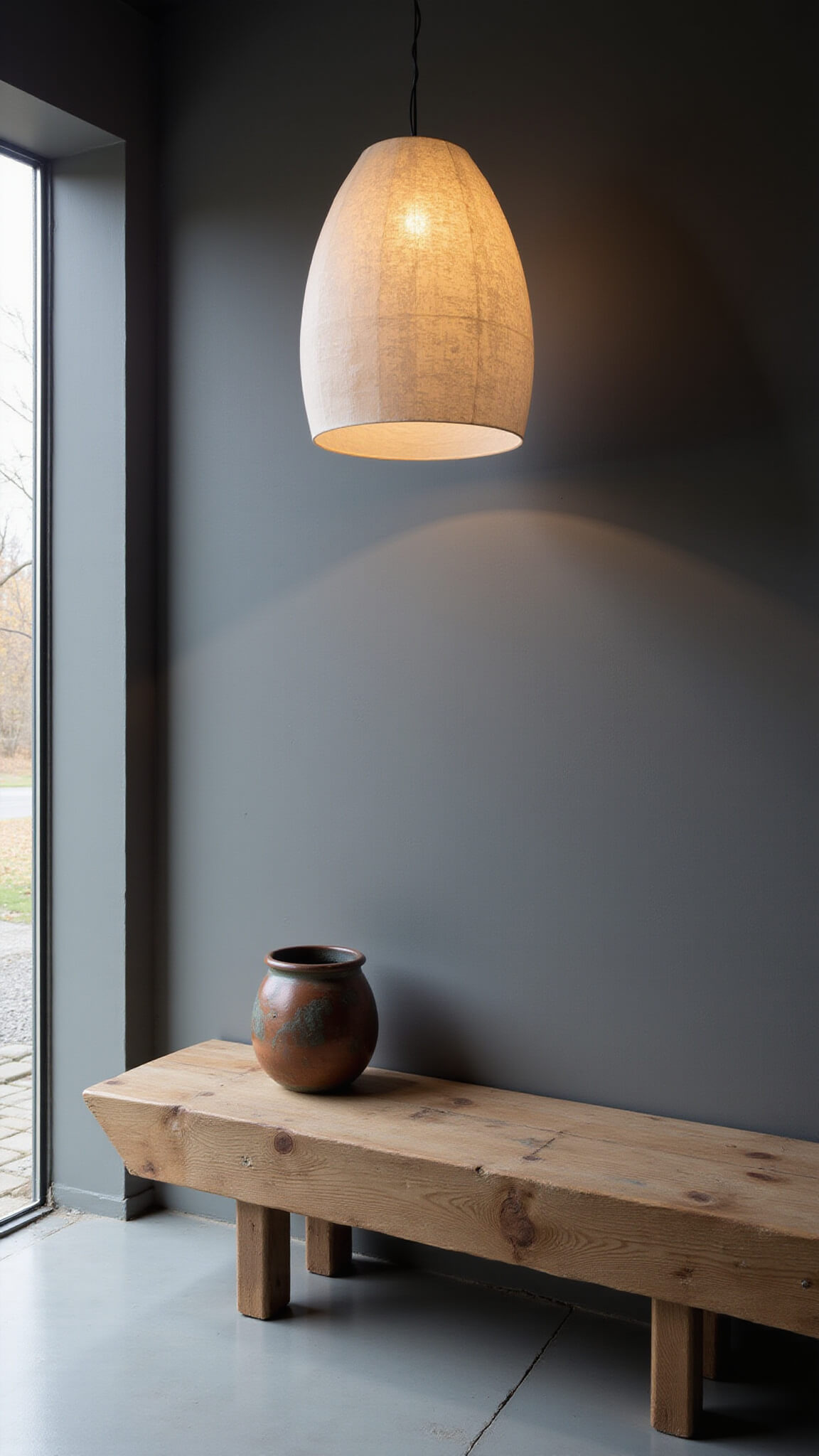 Modern Japanese-inspired entryway with a glowing handmade paper pendant, soft charcoal plaster walls, and a wooden bench with a copper vessel.