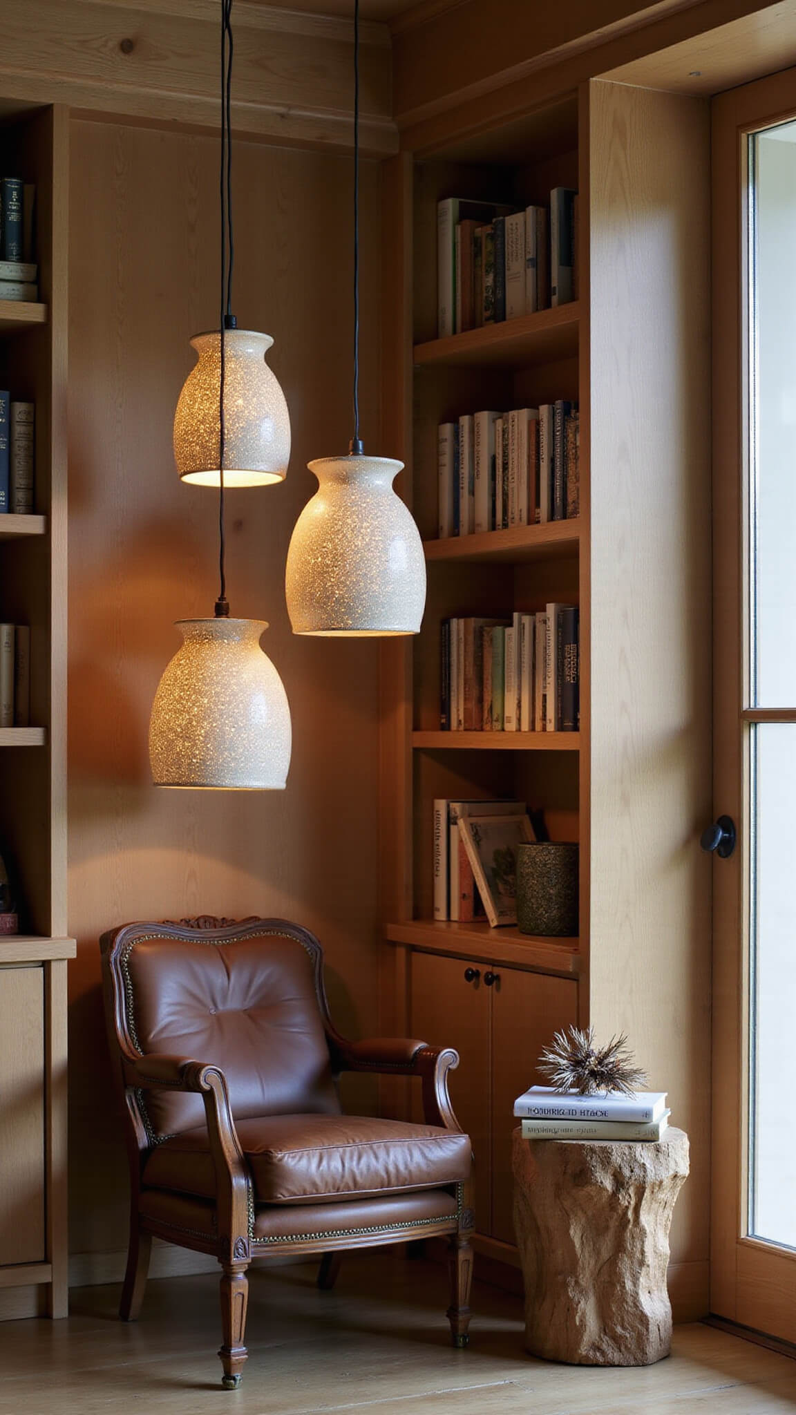 Cozy 6x8ft reading nook at dusk with three ceramic pendant lights, oak bookshelves, vintage leather chair, and raw-edge side table with books and dried seedpods.