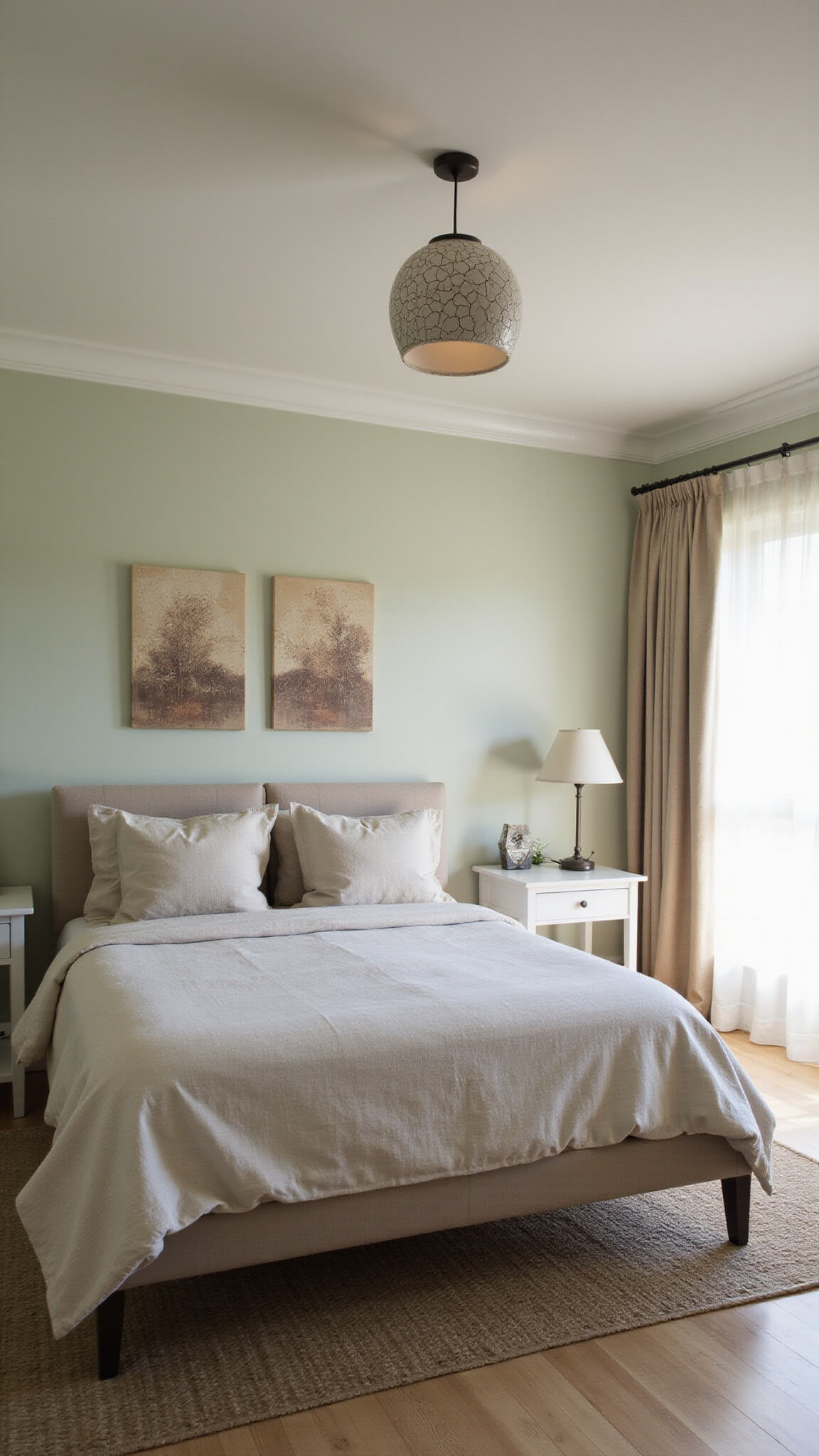 Master bedroom at sunrise with clay pendant lights above nightstands, pale sage walls, white oak floors, and layered linen bedding in soft morning light through sheer curtains.