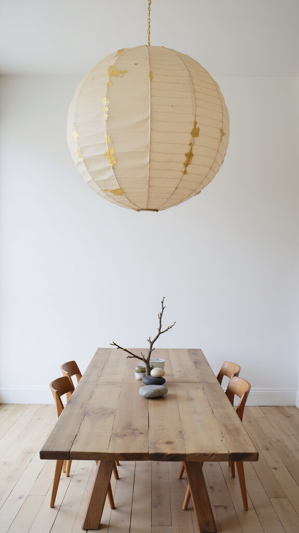 Minimalist dining room with tall ceilings, a large circular paper pendant featuring gold kintsugi-style repairs, reclaimed wood table with stones and a magnolia branch, and bleached oak floors.