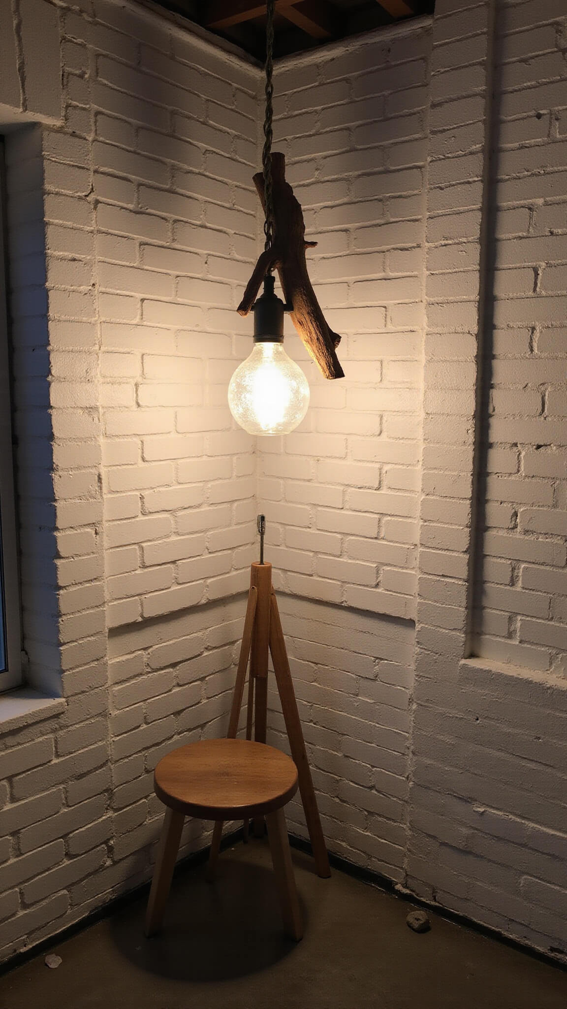 Artist's studio corner at twilight with warm pendant light made of driftwood and hand-blown glass, illuminating an easel, wooden stool, and scattered natural objects in a white brick room with concrete floors.