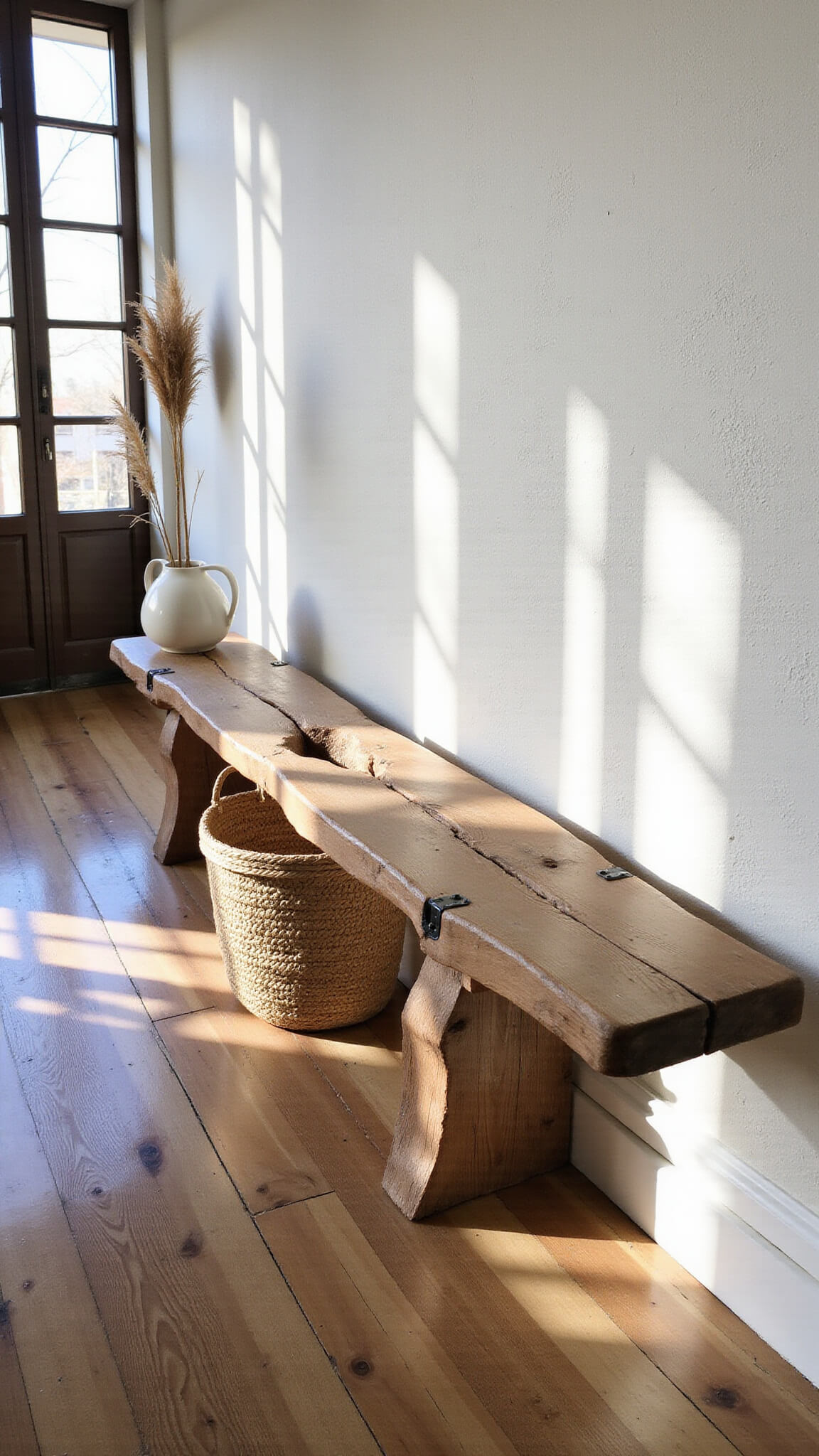 Minimalist sunlit entryway with a weathered oak bench, seagrass basket, and ceramic vessel holding pampas grass, captured with soft morning backlighting.