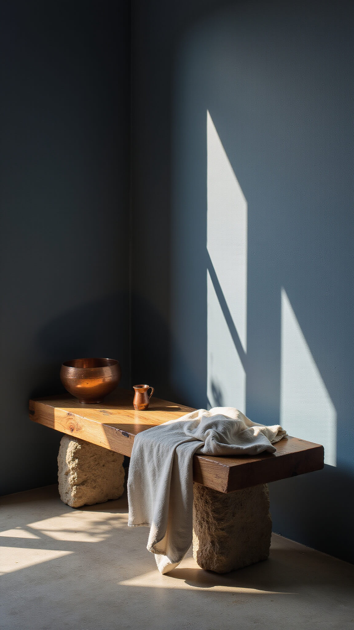 Meditation corner with live-edge teak bench, indigo plaster walls, linen cushion, copper bowl, and ceramic incense holder in soft golden hour light.