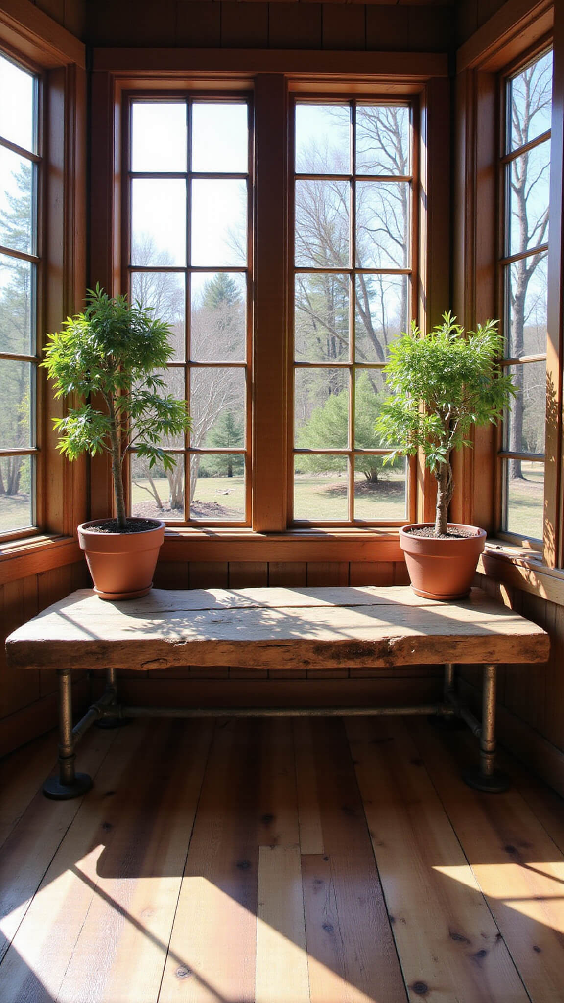 Rustic sunroom with reclaimed barn wood bench, weathered surface and rusty metal legs, flanked by wabi sabi bonsai trees under soft morning light.