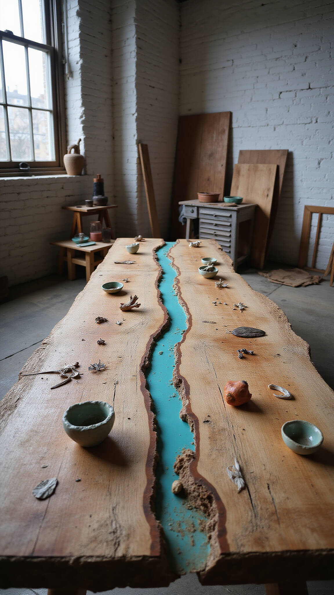Close-up of turquoise inlay on ancient wood bench in whitewashed artist's studio with northern light and scattered ceramics tools.