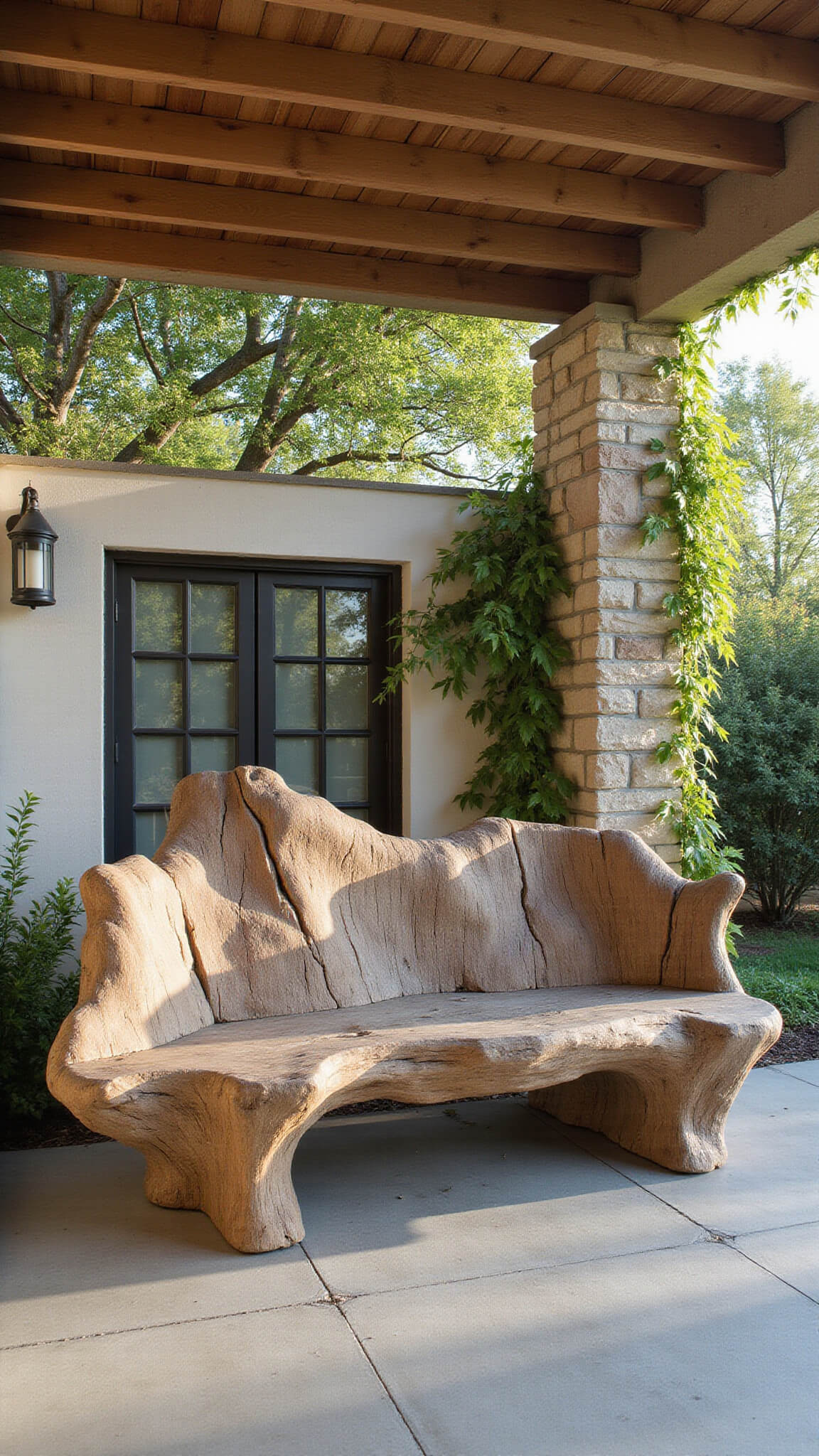 Covered patio with sculptural driftwood bench, raw concrete floor, pergola casting shadows, copper wind chimes, and trailing vines in a garden setting.