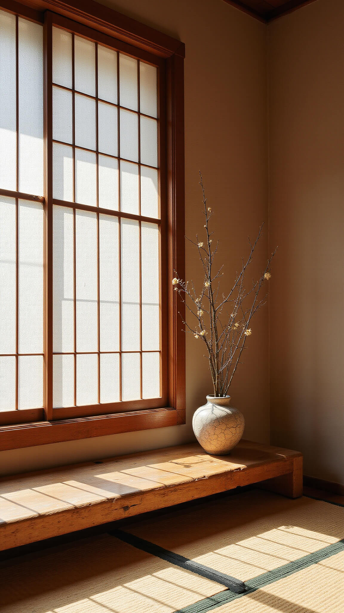 Traditional Japanese-inspired sitting room with antique teak bench, shoji-filtered morning light, and ikebana arrangement on tatami floor.