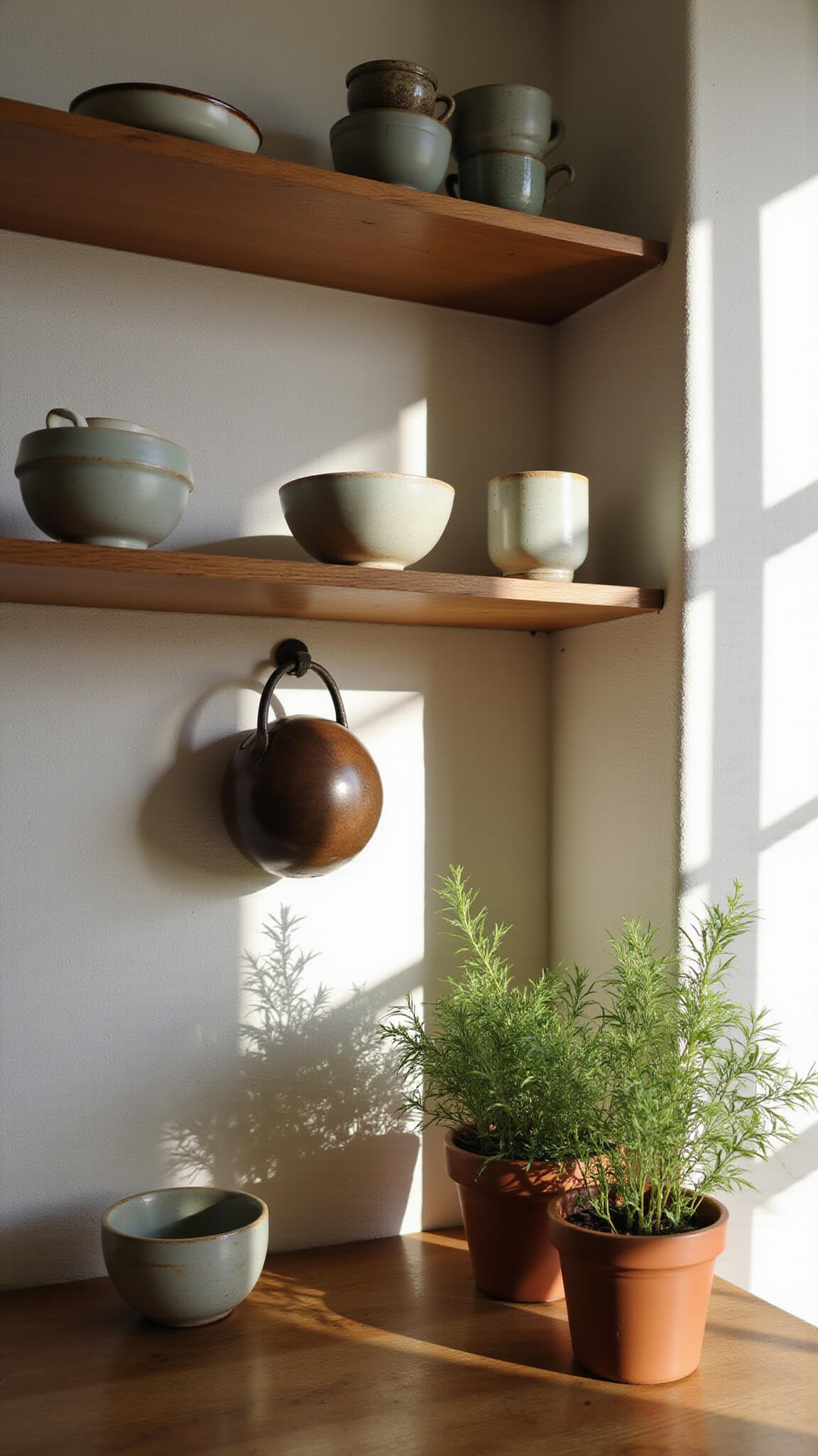 Wabi-sabi kitchen corner with handmade ceramics on wooden shelves, tarnished copper pot, and dappled sunlight through potted herbs.