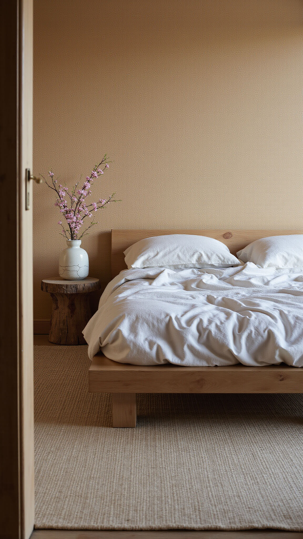 Minimalist 12x14ft bedroom with unmade oatmeal linen bedding on a low reclaimed wood bed, hemp wallcovering, cherry blossom branch in ceramic vase on raw edge table, bamboo mat, and soft dusk lighting.