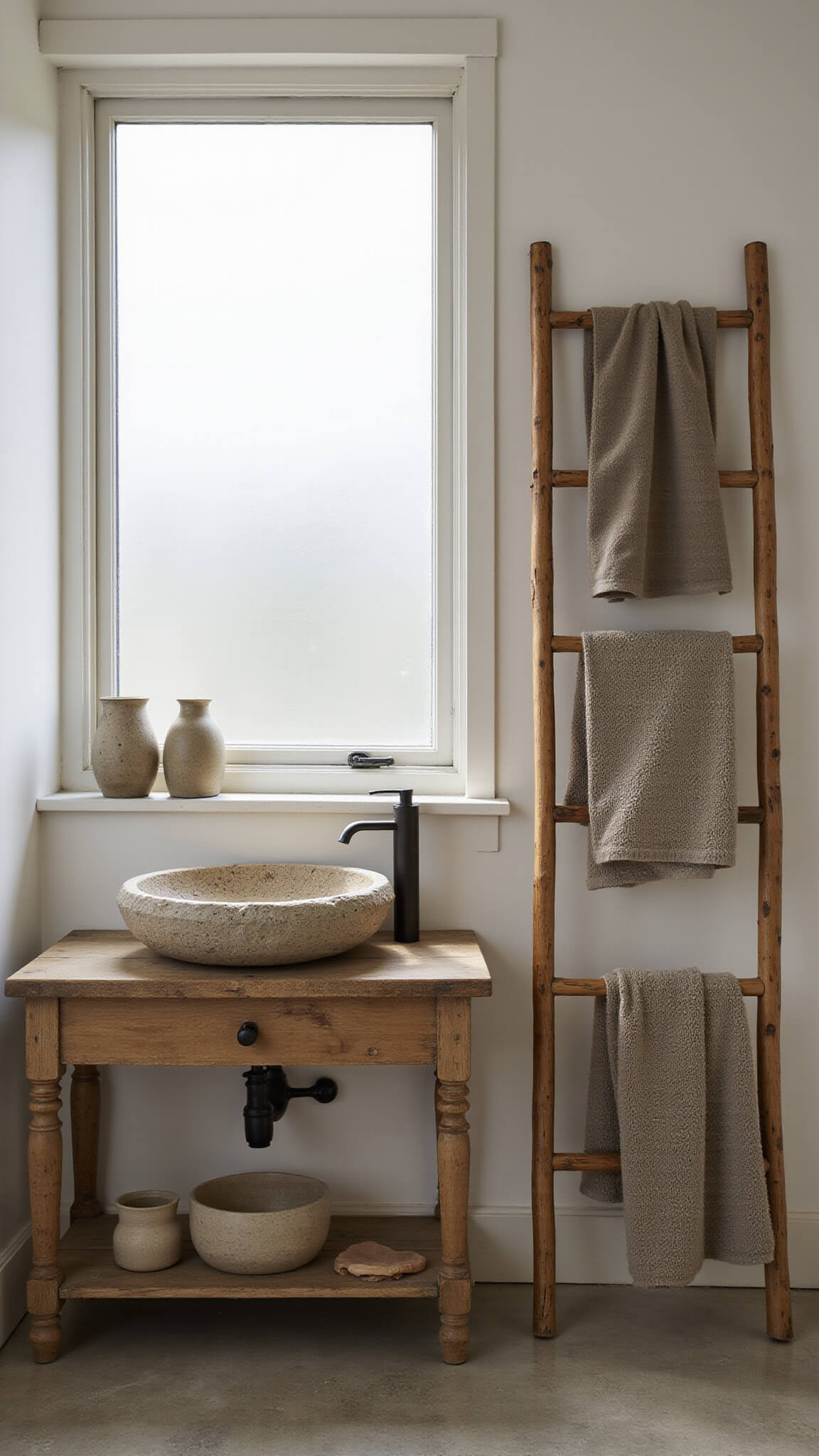 Natural bathroom with stone basin on wooden vanity, ceramic containers, bamboo towel ladder, and cement floor in soft morning light.