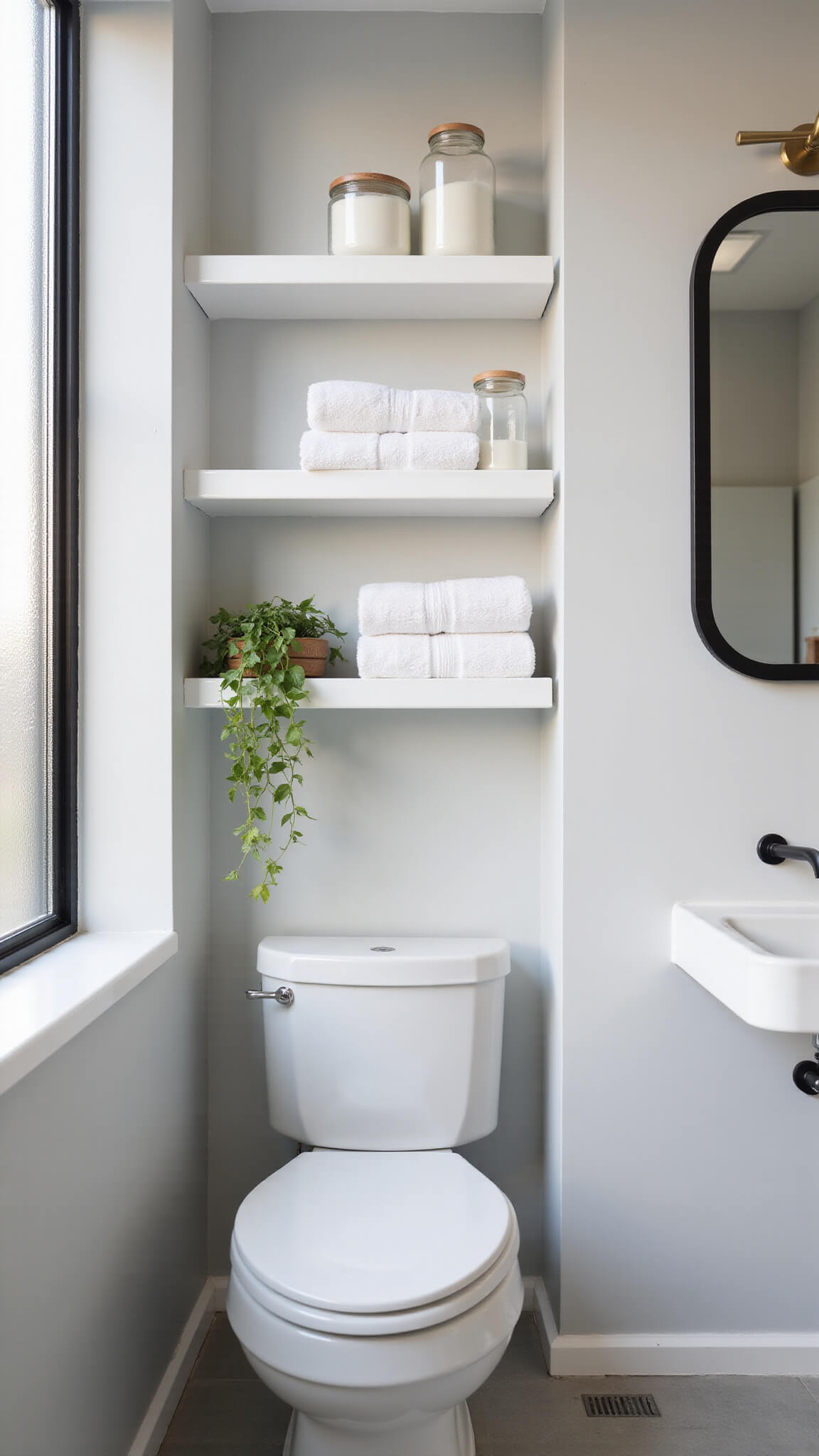 Modern bathroom with floating white shelves above toilet, displaying towels, glass jars, and a pothos plant, lit by morning sun through frosted window.