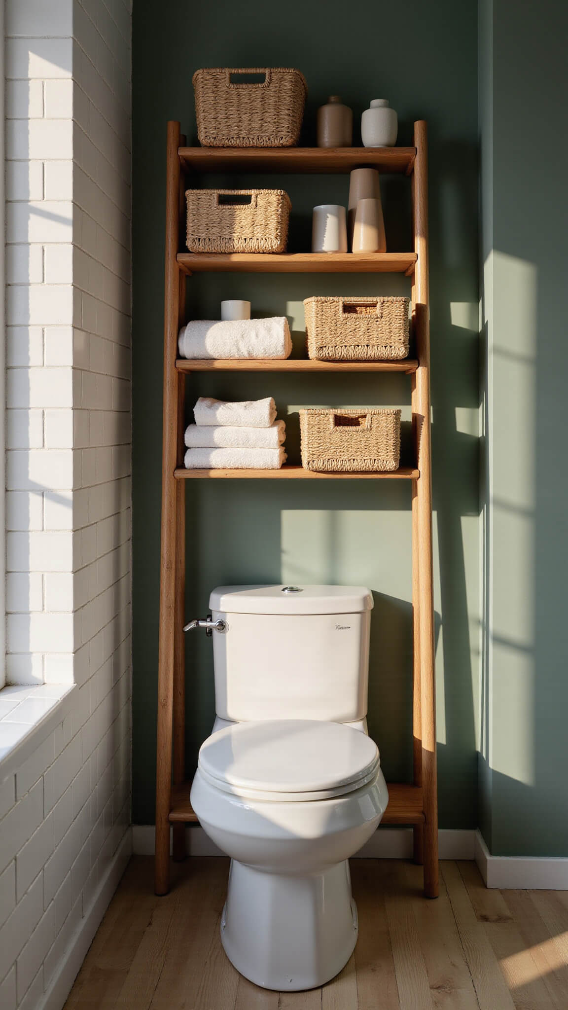 Scandinavian-style bathroom with bamboo over-toilet shelf holding baskets, towels, and ceramics, in soft afternoon light with sage green accent wall and white subway tiles.