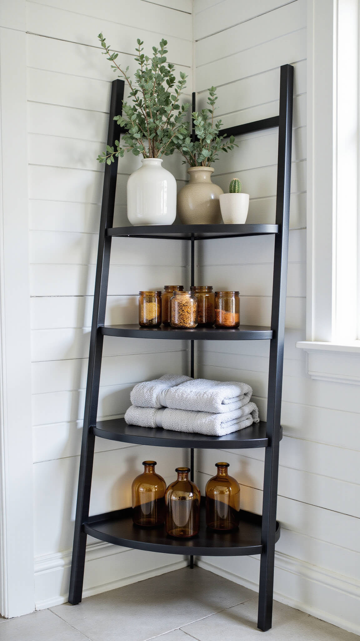 Matte black ladder shelf in white shiplap bathroom corner with towels, eucalyptus in vases, and amber containers, lit by morning side-lighting.