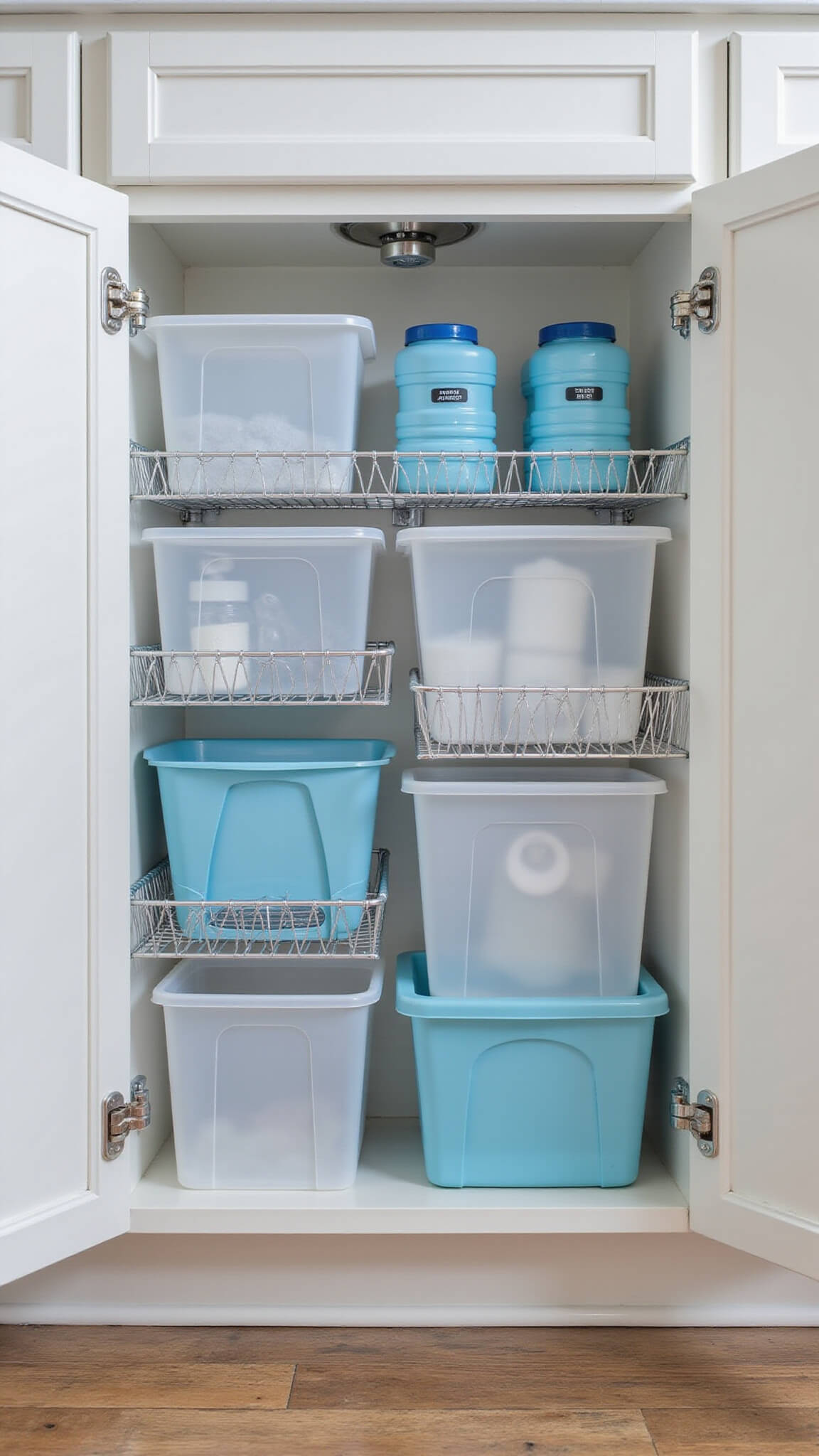 Under-sink cabinet in a coastal-themed bathroom showing organized chrome wire shelves, clear drawers, white bins, and labeled aqua containers, lit with bright overhead lighting.