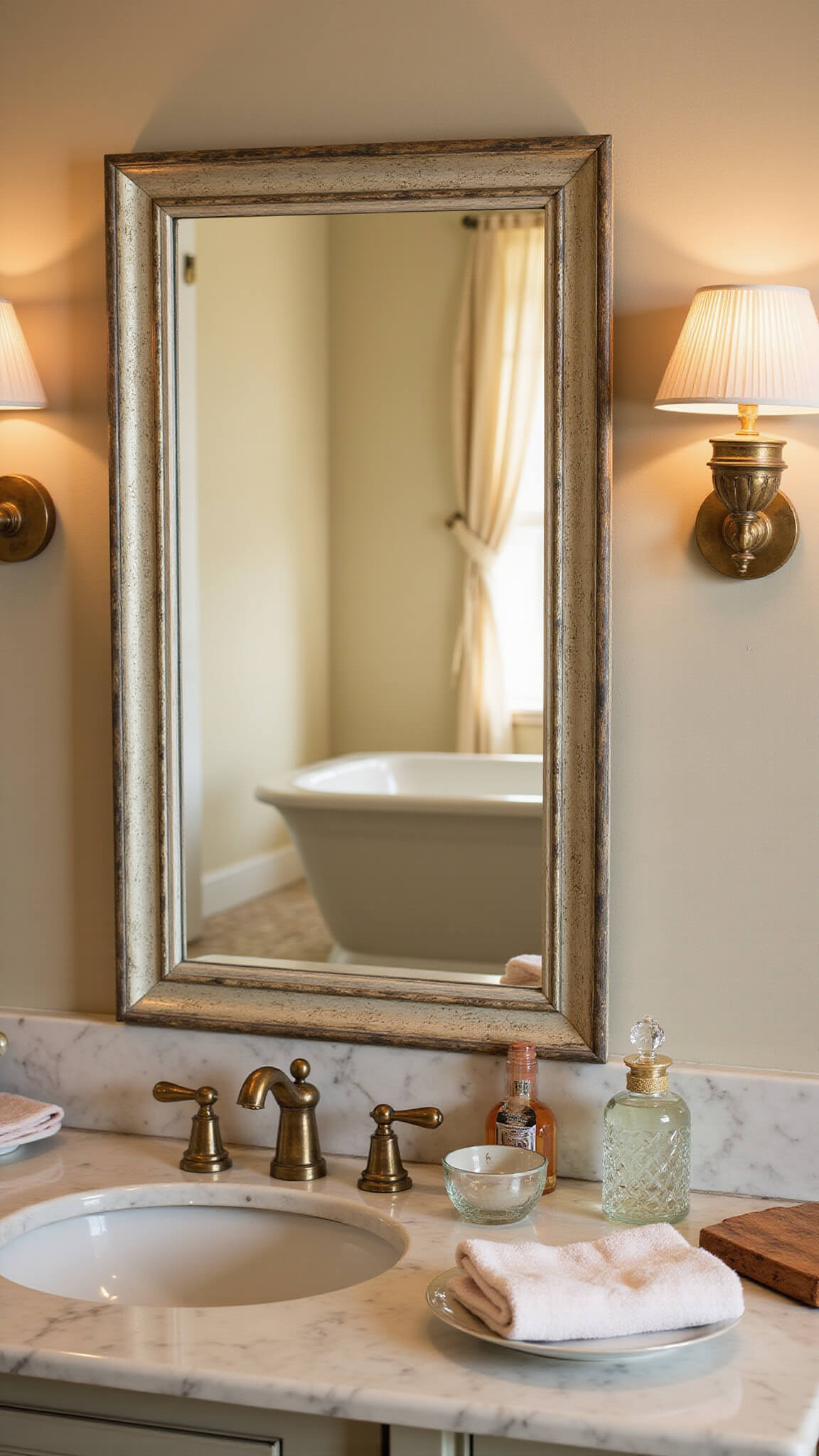 Luxurious bathroom corner with mirrored cabinet, sconces, marble countertops, brass fixtures, and elegant decor in golden hour lighting.