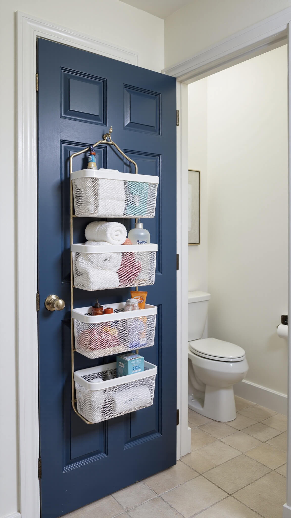 Behind-door organizer with white mesh baskets on navy blue door in small powder room holding towels, toiletries, and styling tools.