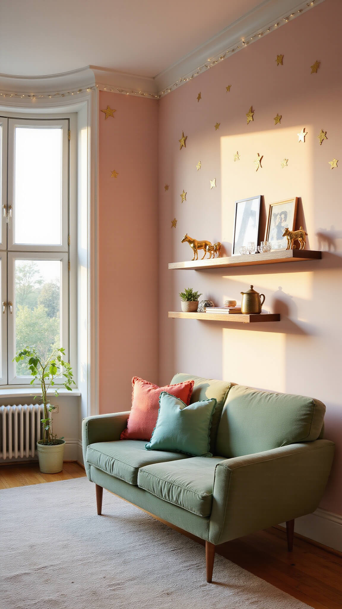 Golden hour light fills a cozy 15x18ft living room with blush pink walls, gold star accents, sage green mid-century sofa, and rainbow reflections from crystal prisms.