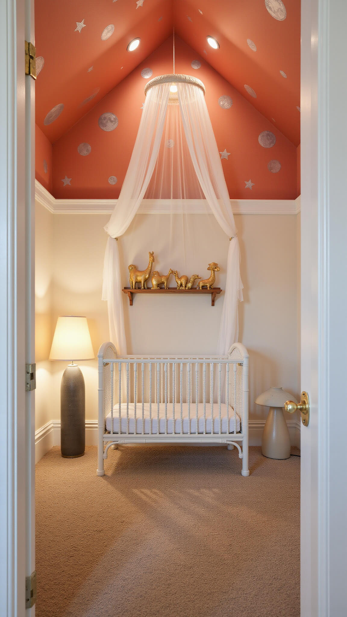 Whimsical nursery with ombre coral-to-cream walls, vaulted ceiling adorned with silver moons and stars, white rattan crib with gossamer canopy centered, glowing mushroom lamp, and golden animal parade on wooden shelf; wide-angle view from doorway showcases vertical space.