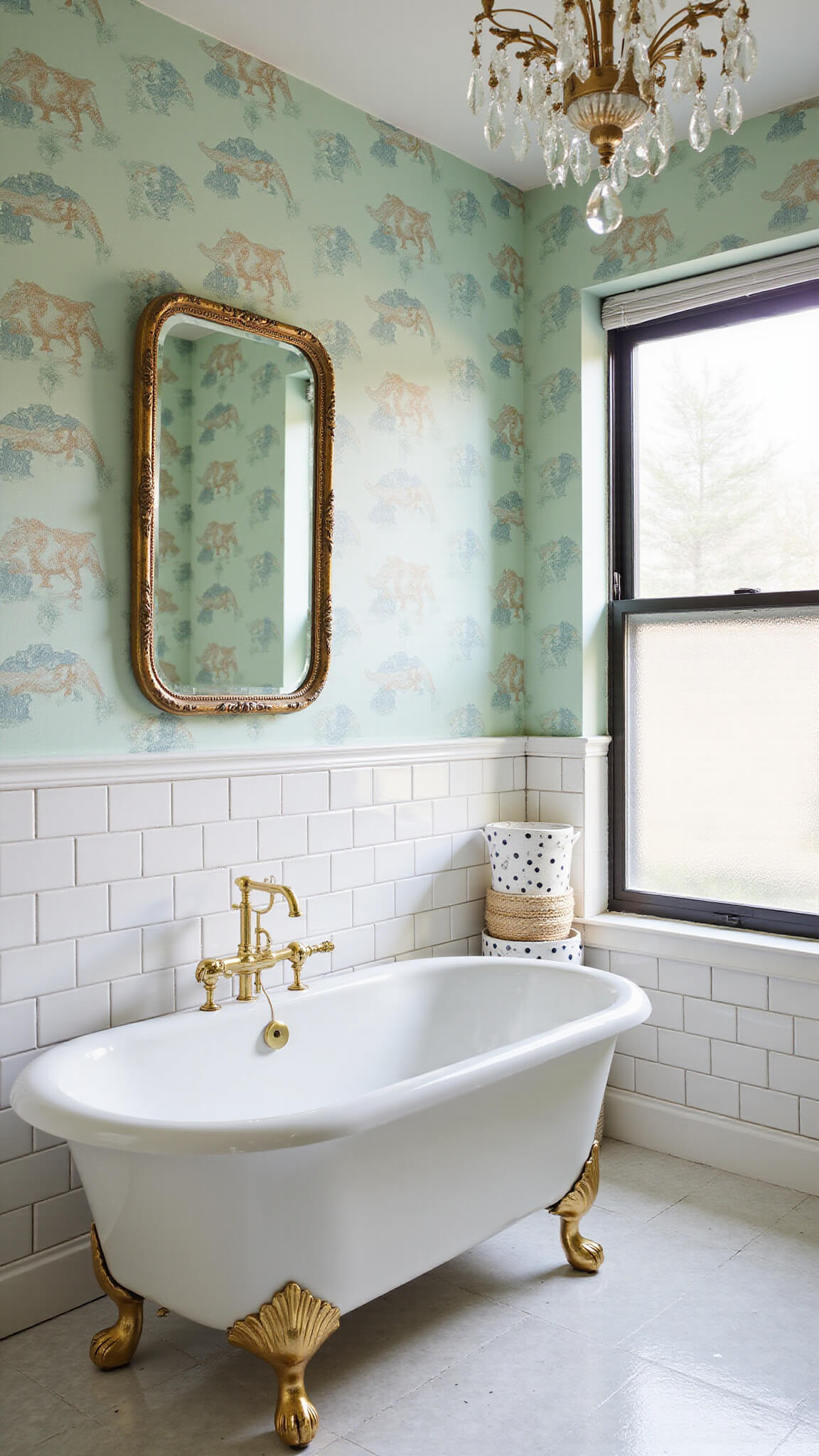 Enchanted 8x10ft bathroom with modern clawfoot tub, dinosaur wallpaper in muted teal and gold, white subway tile, brass and white polka dot baskets, crystal chandelier, vintage gold-framed mirror, and soft natural light from frosted window.