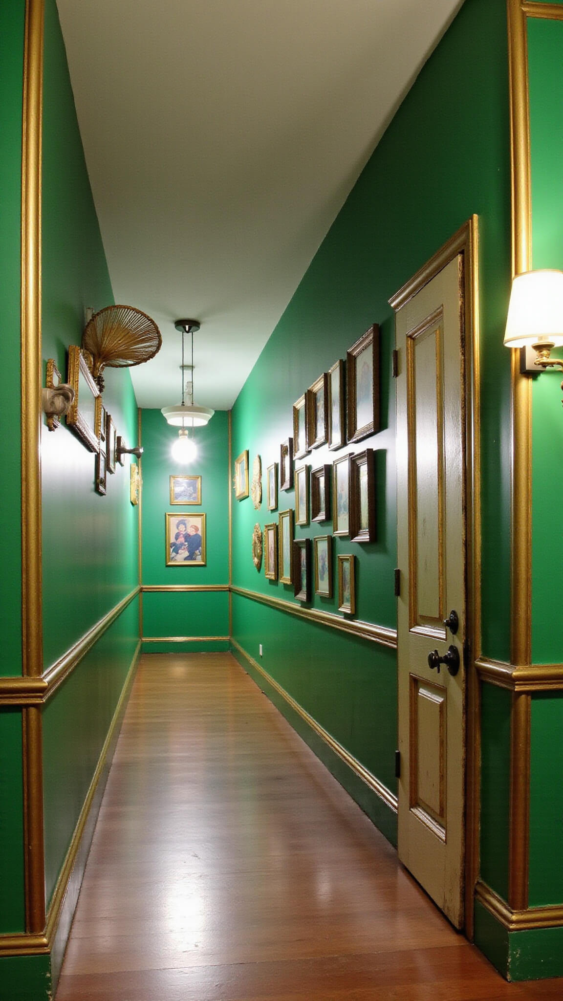 Low-angle view of a magical 4x12ft hallway with emerald green walls, hand-painted gold-trimmed faux panels, unique miniature doors with brass hardware along the baseboards, whimsical vintage-framed illustrations on the walls, and rattan sconces casting patterned shadows.