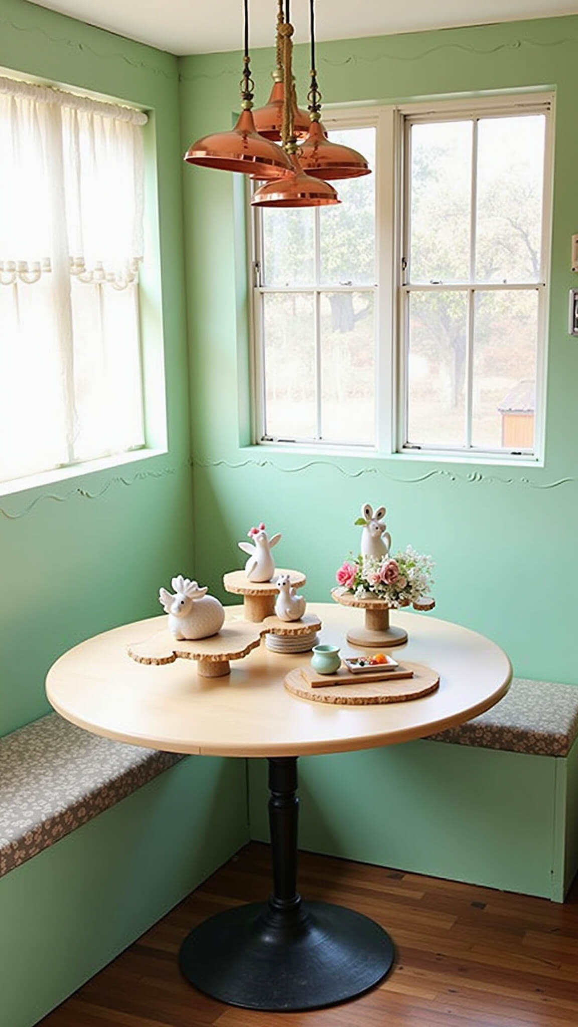Overhead view of a cozy 10x10ft storybook kitchen nook with a mint green built-in banquette featuring a scalloped back, a table styled with vintage cake stands holding ceramic woodland creatures, custom whale-tail wood spreaders, and copper pendant lights casting a warm morning glow through cafe curtains.