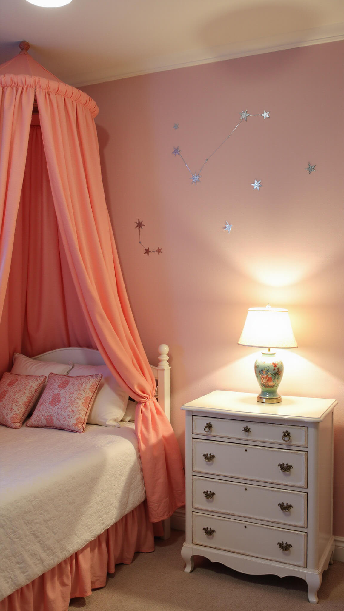 Dreamy twilight bedroom with blush walls, silver star decals, ombre tulle canopy bed, vintage fairy tale dresser, and mushroom-shaped reading lamp.