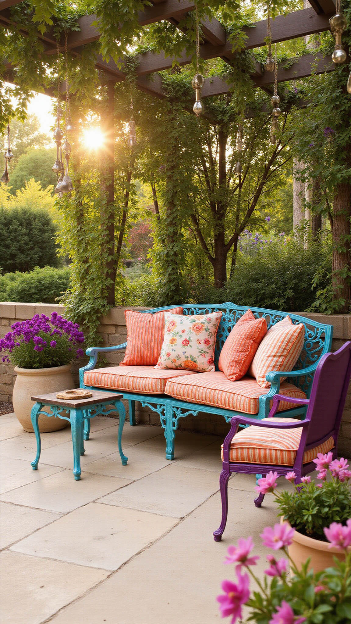 Low-angle view of a patio at golden hour with magenta and turquoise wrought-iron furniture, sunset-hued cushions, a wisteria-covered pergola, silverware wind chimes, and blooming stone planters.