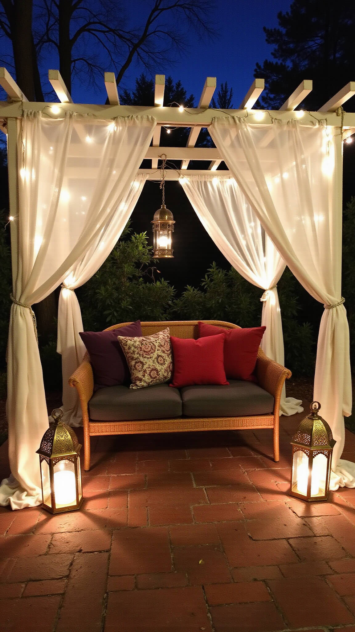 Cozy 12x12ft patio corner at dusk with rattan loveseat, jewel-toned pillows, fairy lights on an arbor, sheer curtains, Moroccan lanterns, and vintage chandeliers.