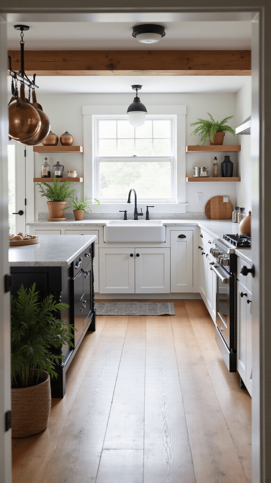 Modern farmhouse kitchen with white oak floors, white shaker cabinets, marble island, exposed beams, and early sunlight streaming through window above farmhouse sink.