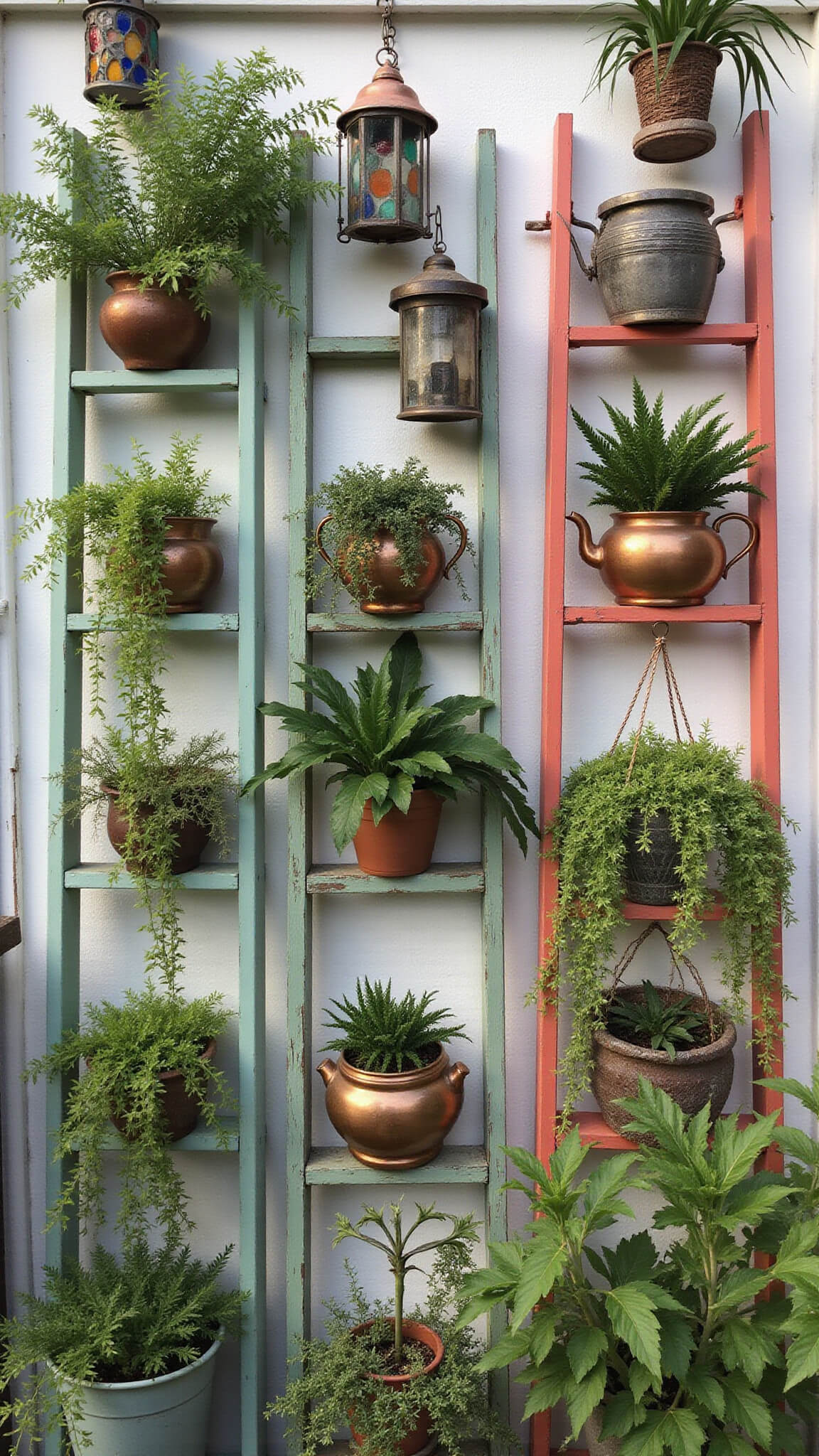 Vertical garden wall with mint green and coral wooden ladders, copper teapots overflowing with ivy, stained glass window frames, mixed-metal bird feeders, and pastel ceramic planters in mid-morning light.