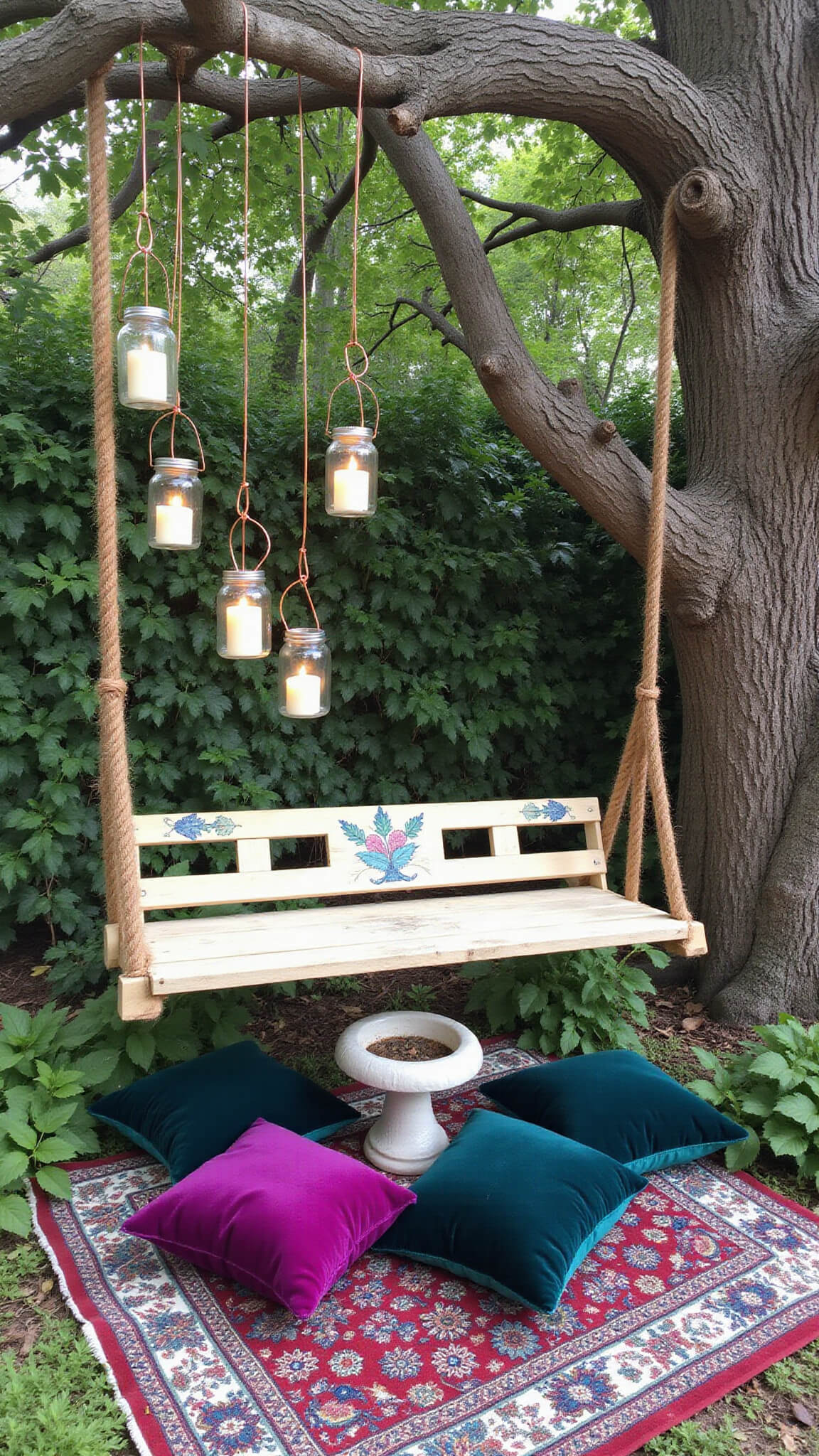 Aerial view of a cozy 10x8ft secret garden nook with a wooden swing featuring botanical motifs, velvet poufs on a Persian rug, hanging mason jar lanterns, and a stone bird bath surrounded by lush greenery.