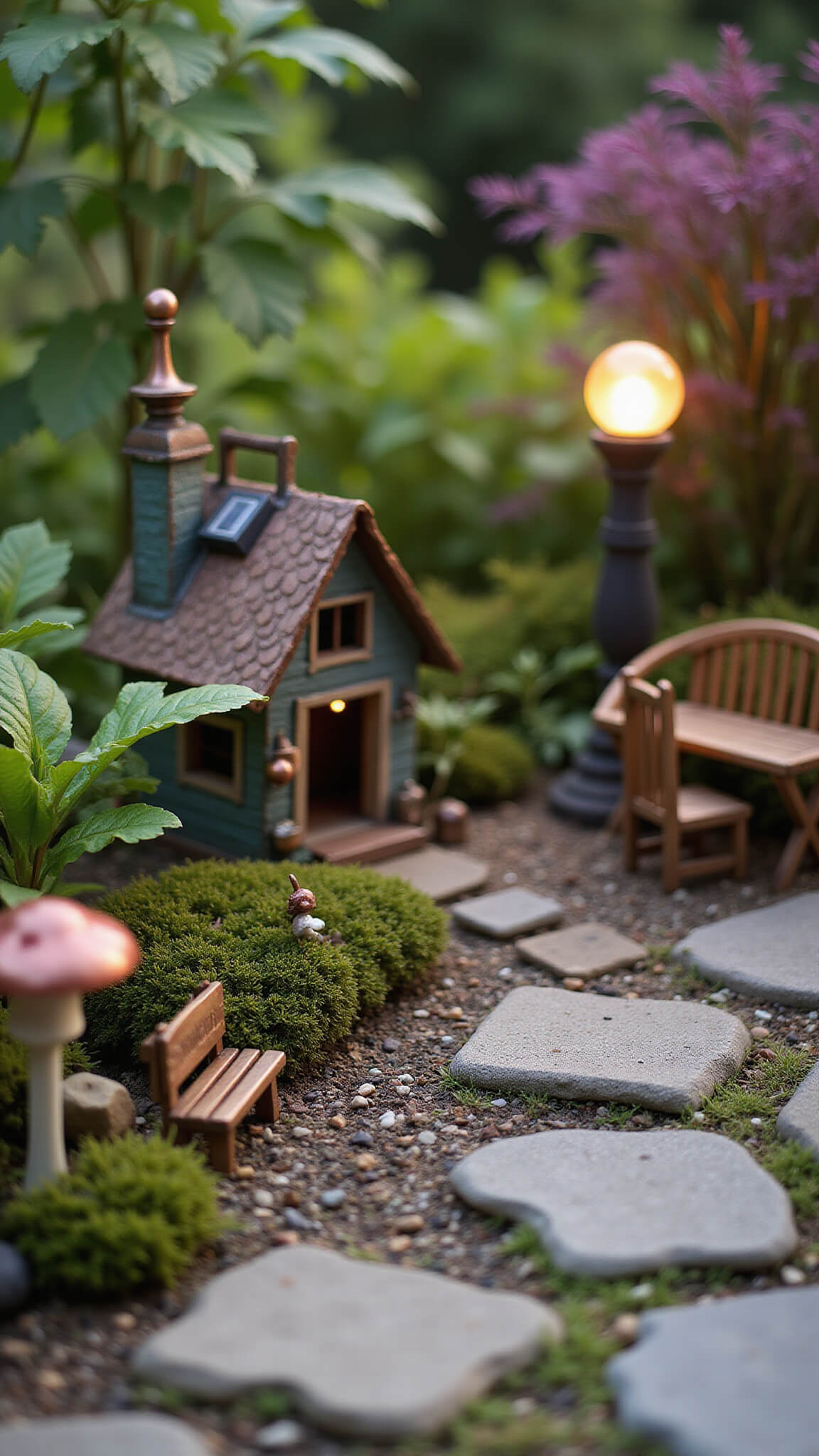 Miniature fairy garden on stone patio at golden hour with tiny mossy cottages, pebble paths, bronze figurines, and glowing mushroom lights.