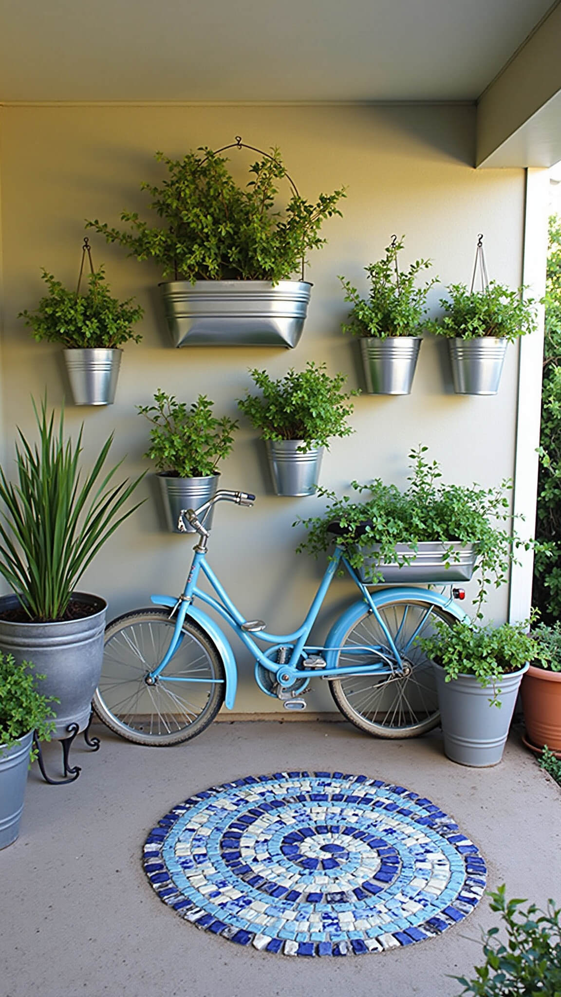 Covered patio with layered hanging gardens in metal containers, vintage blue bicycle planter, mosaic spiral stepping stones, glass garden stakes, and curved wind sculptures in morning light.