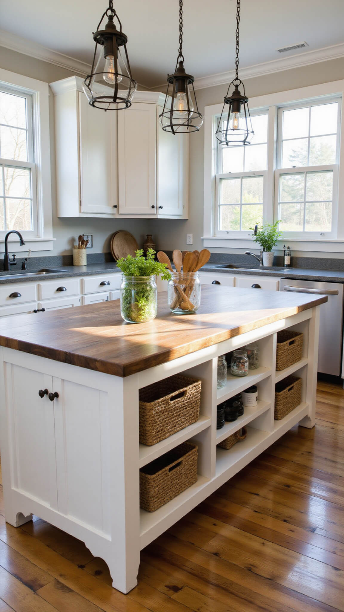 Sunlit farmhouse kitchen with reclaimed wood island, Shaker cabinets, vintage pendant lights, and mason jar decor.