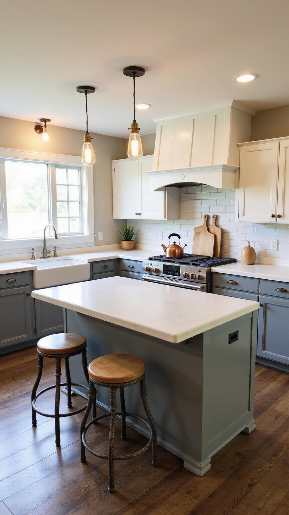Cozy evening kitchen with warm lighting, featuring a farmhouse L-shaped island, soapstone countertops, distressed gray cabinets, and copper kettle accents.