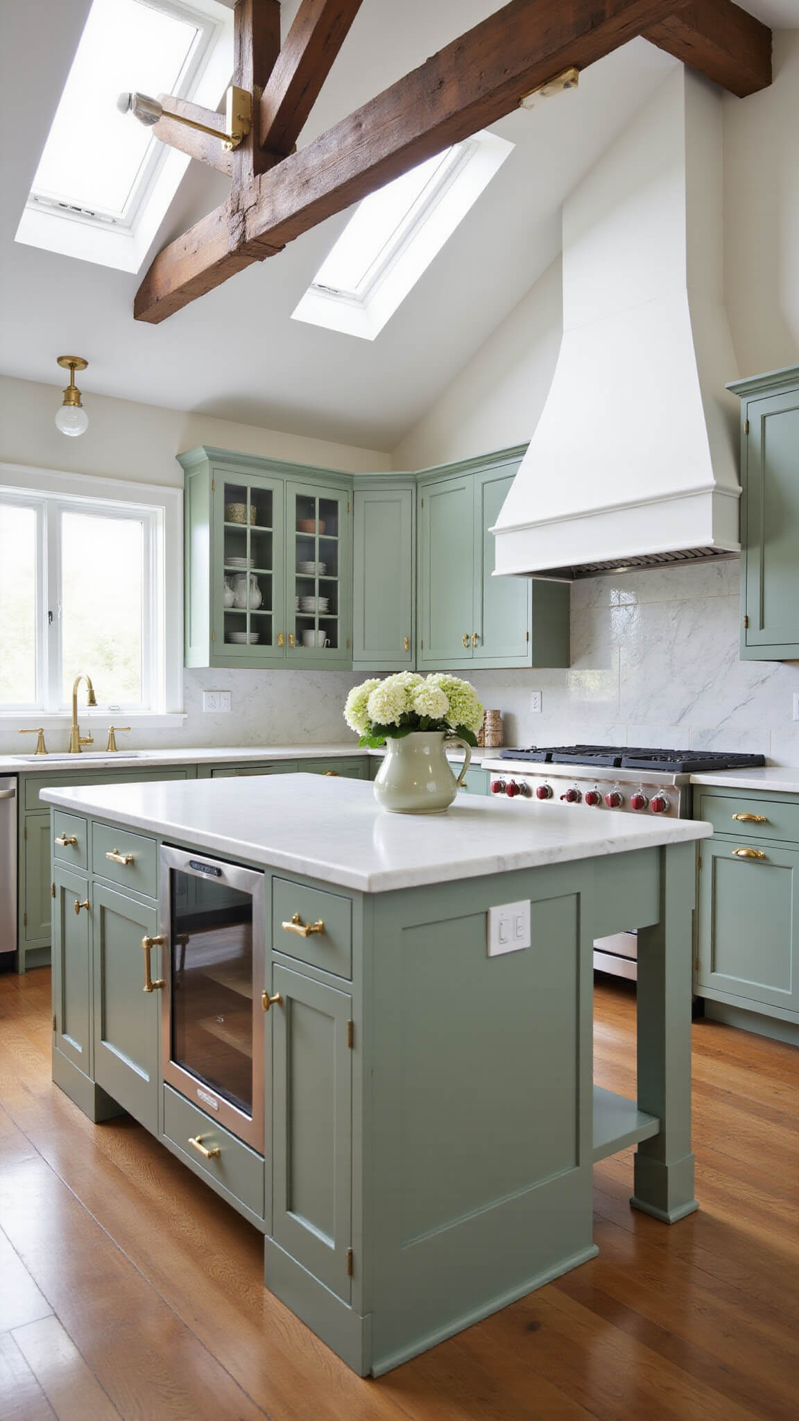 Luxury farmhouse kitchen with sage green cabinets, white marble countertops, T-shaped island, brass fixtures, exposed beams, skylights, and hydrangeas in a ceramic pitcher.