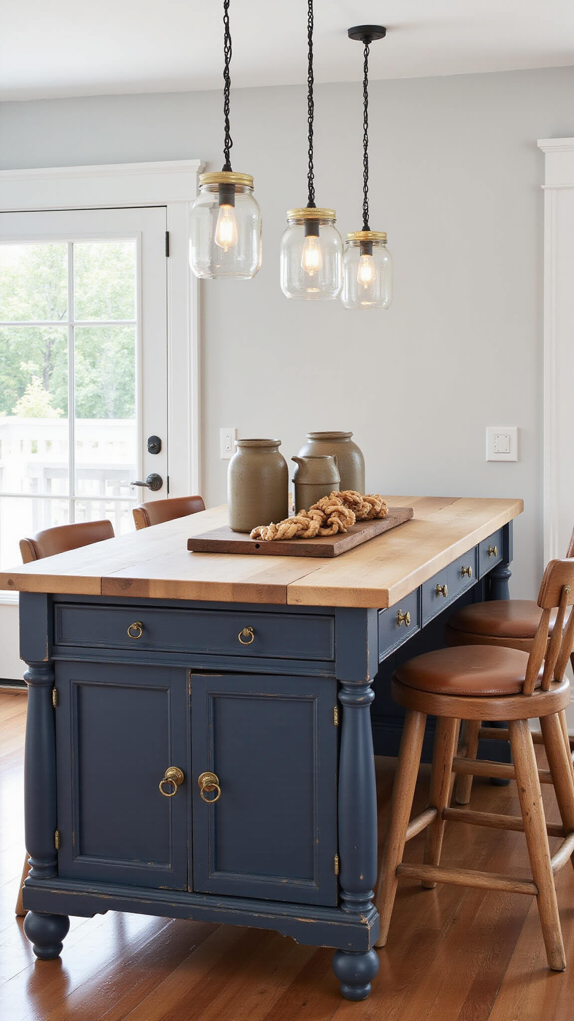Rustic-modern kitchen with antique navy blue dresser island, butcher block top, mason jar pendant lights, earthenware crocks, garlic braids, and wooden leather bar stools.