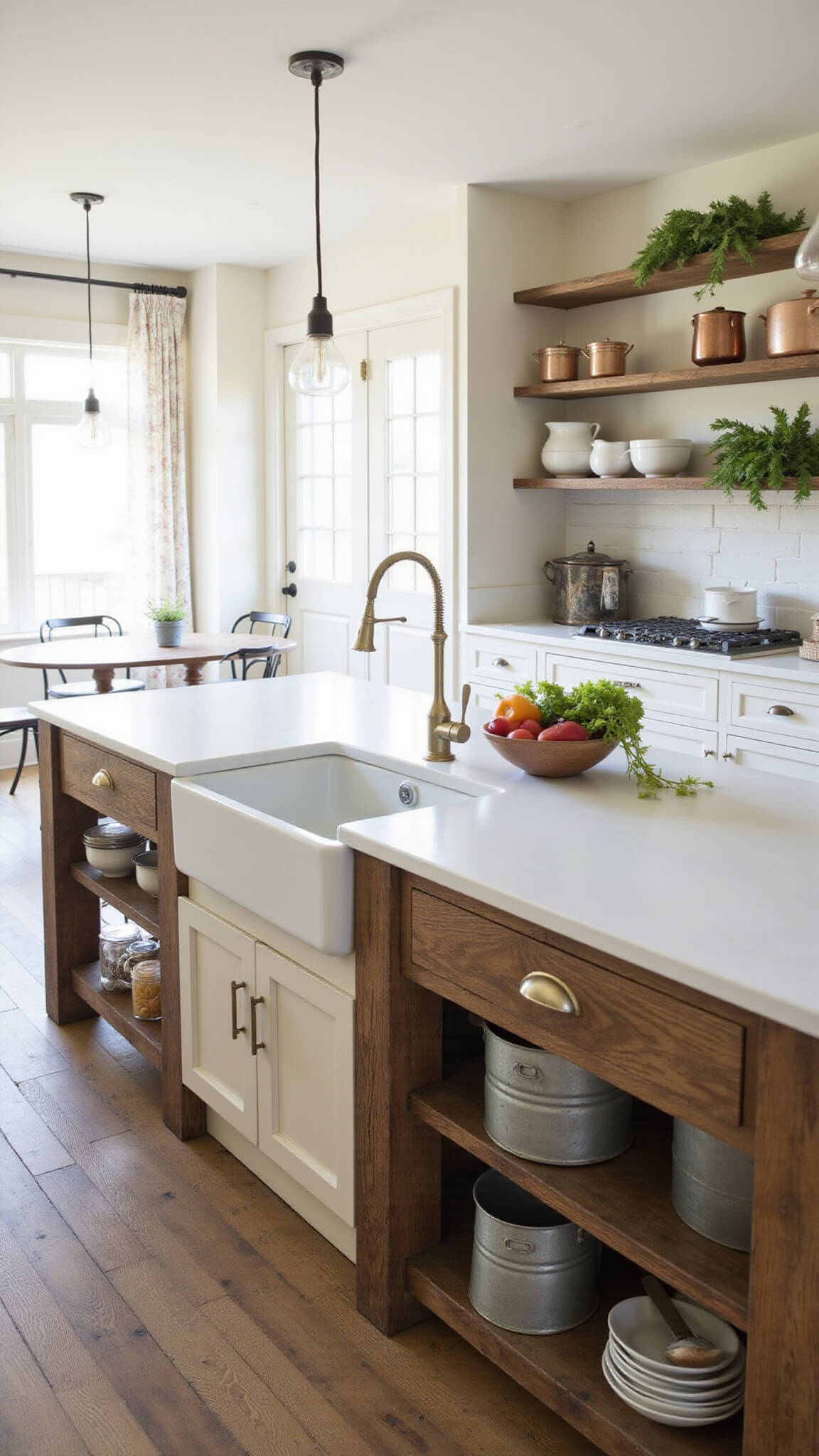Early morning farmhouse kitchen with apron sink in white quartz island, reclaimed timber supports, open shelves displaying ironstone and copper, and fresh vegetables in galvanized bins.