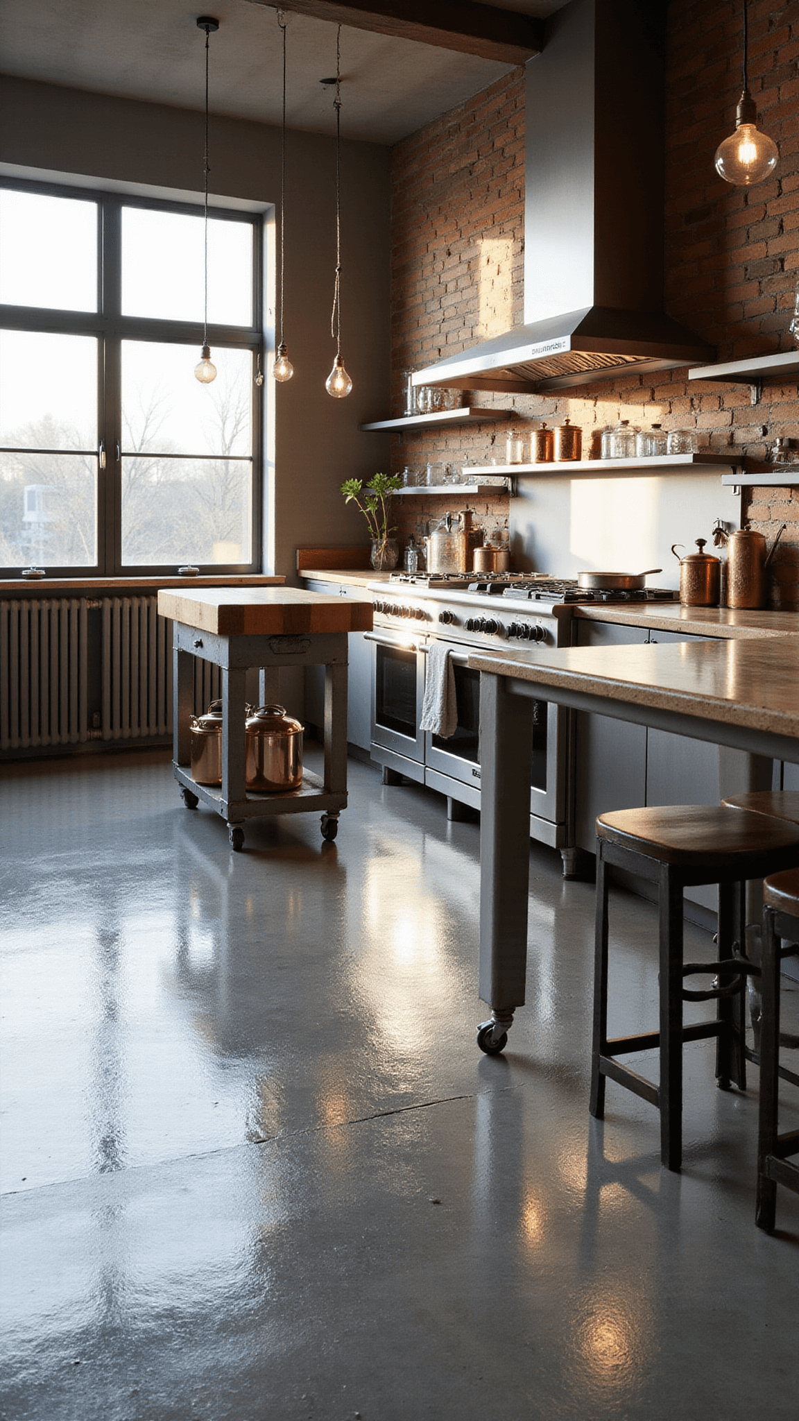 Industrial chic kitchen with polished concrete floors, exposed brick wall, stainless steel appliances, and central butcher block prep table under pendant lighting, viewed from corner angle.