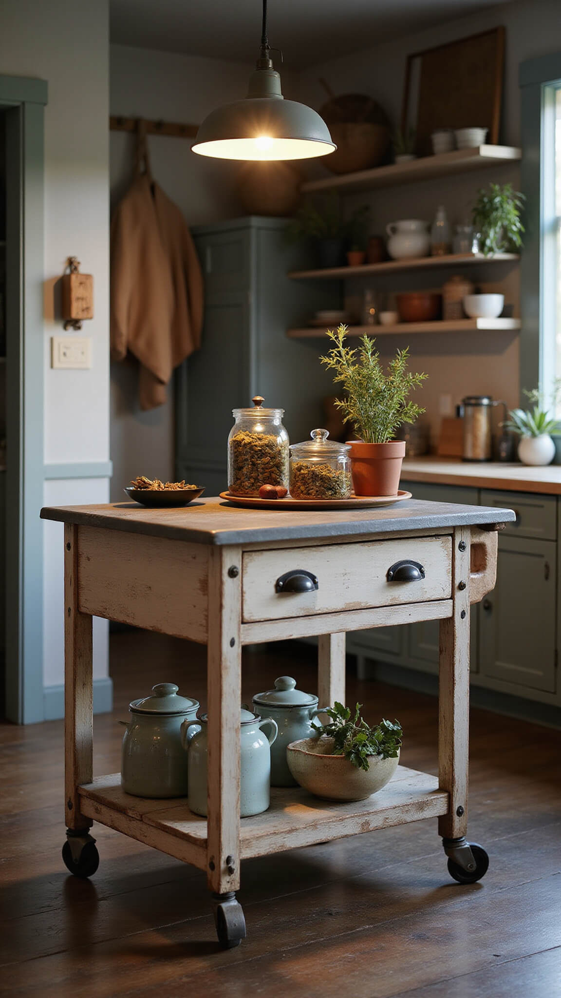 Cozy evening kitchen vignette with zinc-topped mobile farmhouse island, vintage enamelware, preserved herbs, and dramatic pendant lighting.