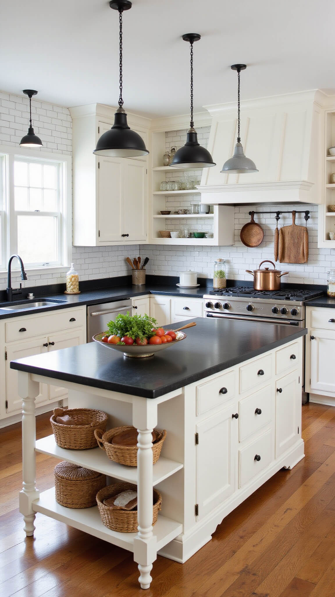 Aerial view of a 275 sq ft kitchen with large farmhouse island, black soapstone countertop, creamy white shiplap base, subway tile backsplash, vertical rolling pin display, woven baskets, and copper cookware in natural light.