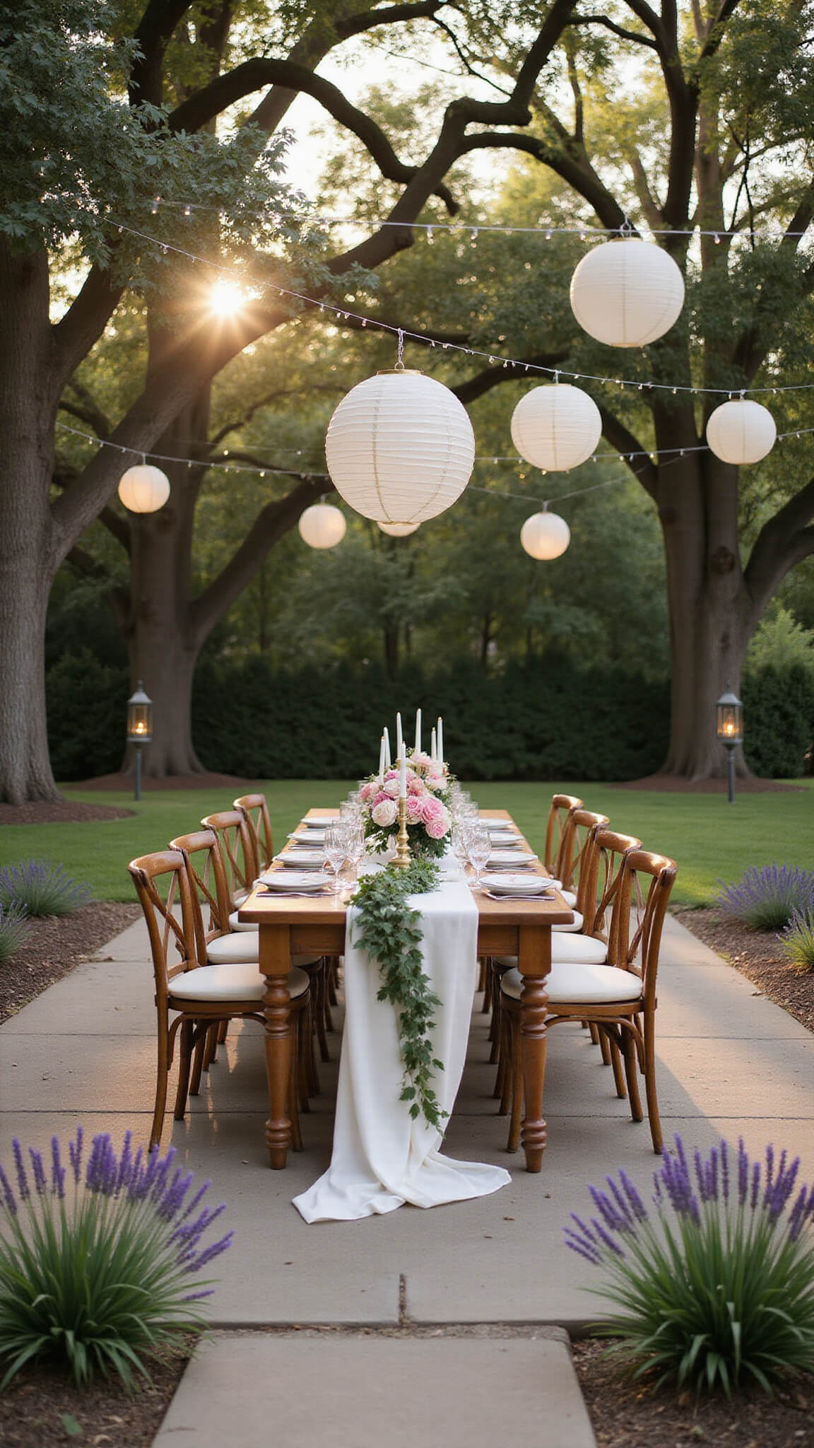 Elevated view of elegant backyard garden at golden hour with vintage farmhouse table on stone patio, adorned with ivory linens, brass candlesticks, blush peonies, and crystal glassware, surrounded by rattan chairs and hanging lanterns under oak trees.
