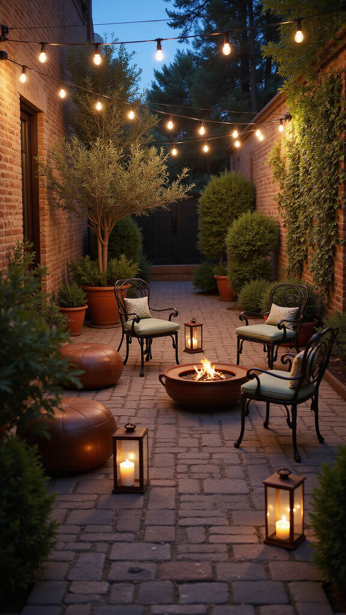 Courtyard garden at dusk with antique bistro sets, glowing market lights, central copper fire pit, olive trees, and jasmine-covered brick walls creating a warm, moody atmosphere.