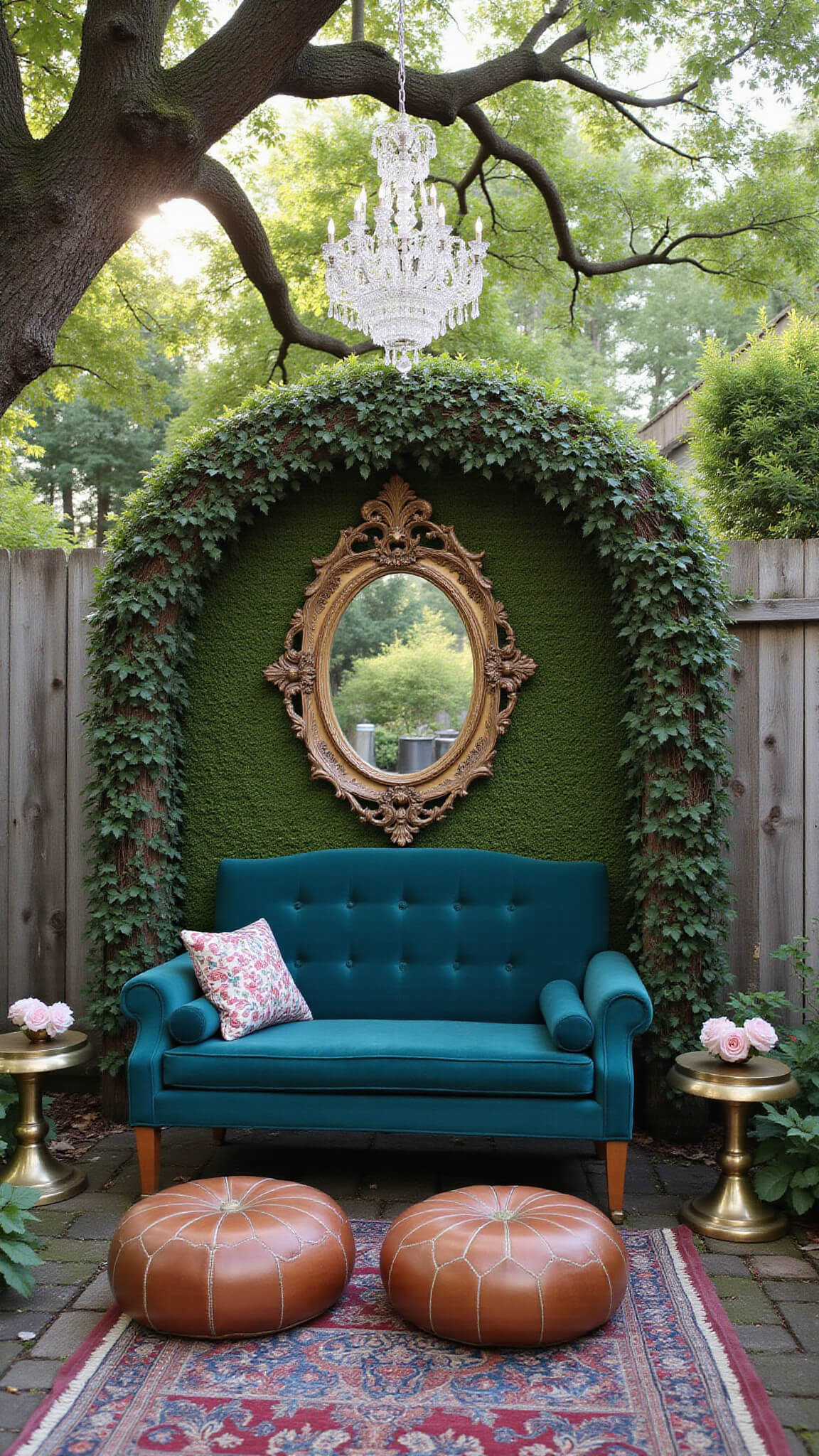 Victorian garden nook with teal velvet loveseat, rose-covered iron archway, chandelier hanging from oak, antique mirror, Moroccan poufs, brass tables, and Persian rug on stone under dappled afternoon light.