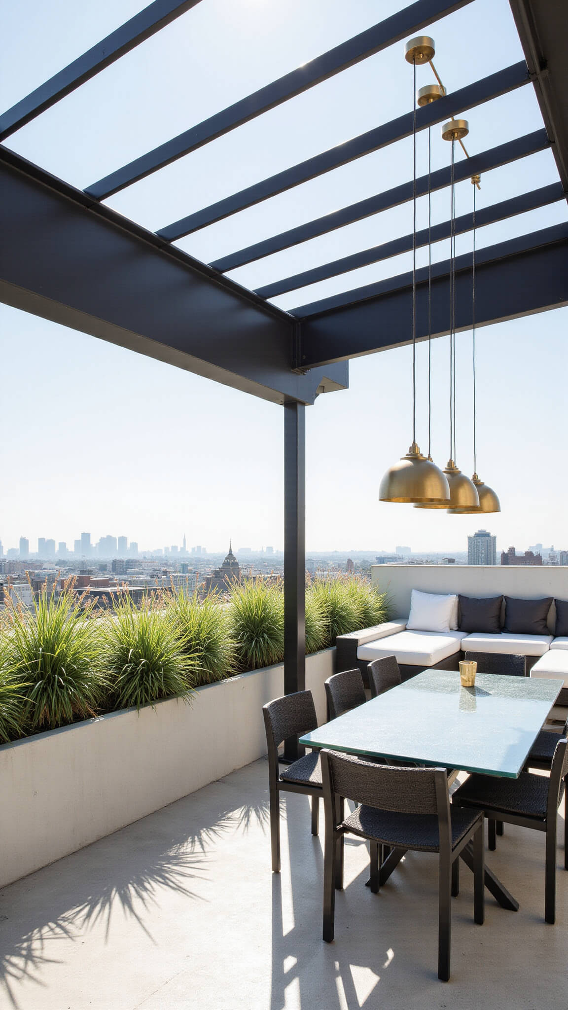 Modern rooftop terrace with minimalist white seating, glass dining table, and concrete planters, set against a city skyline backdrop.