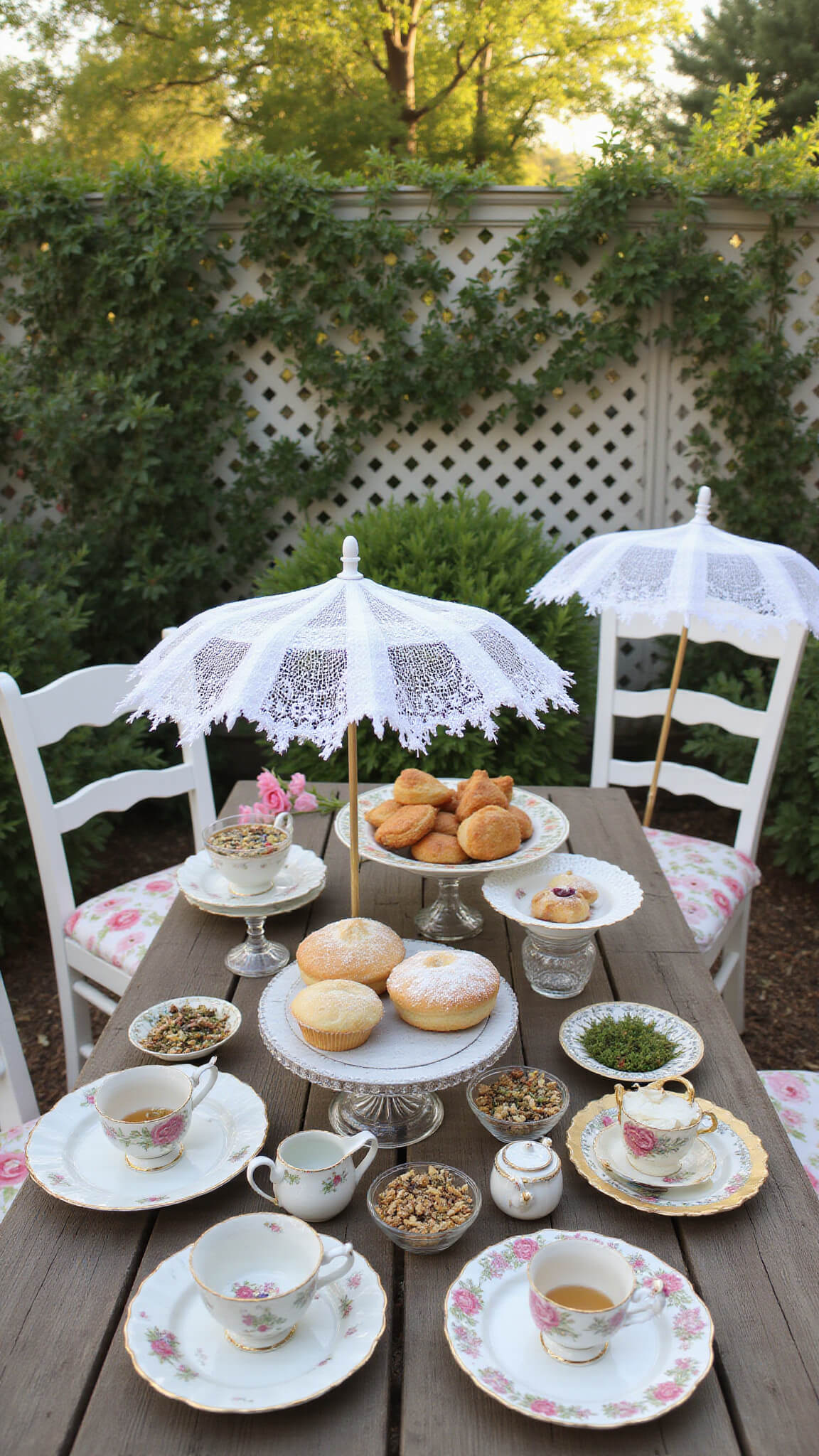 Morning golden hour in an English cottage garden with vintage teacups of wildflowers on wooden tables, lace parasols overhead, pastries on crystal stands, floral-cushioned chairs, and dewy roses climbing a white lattice backdrop.